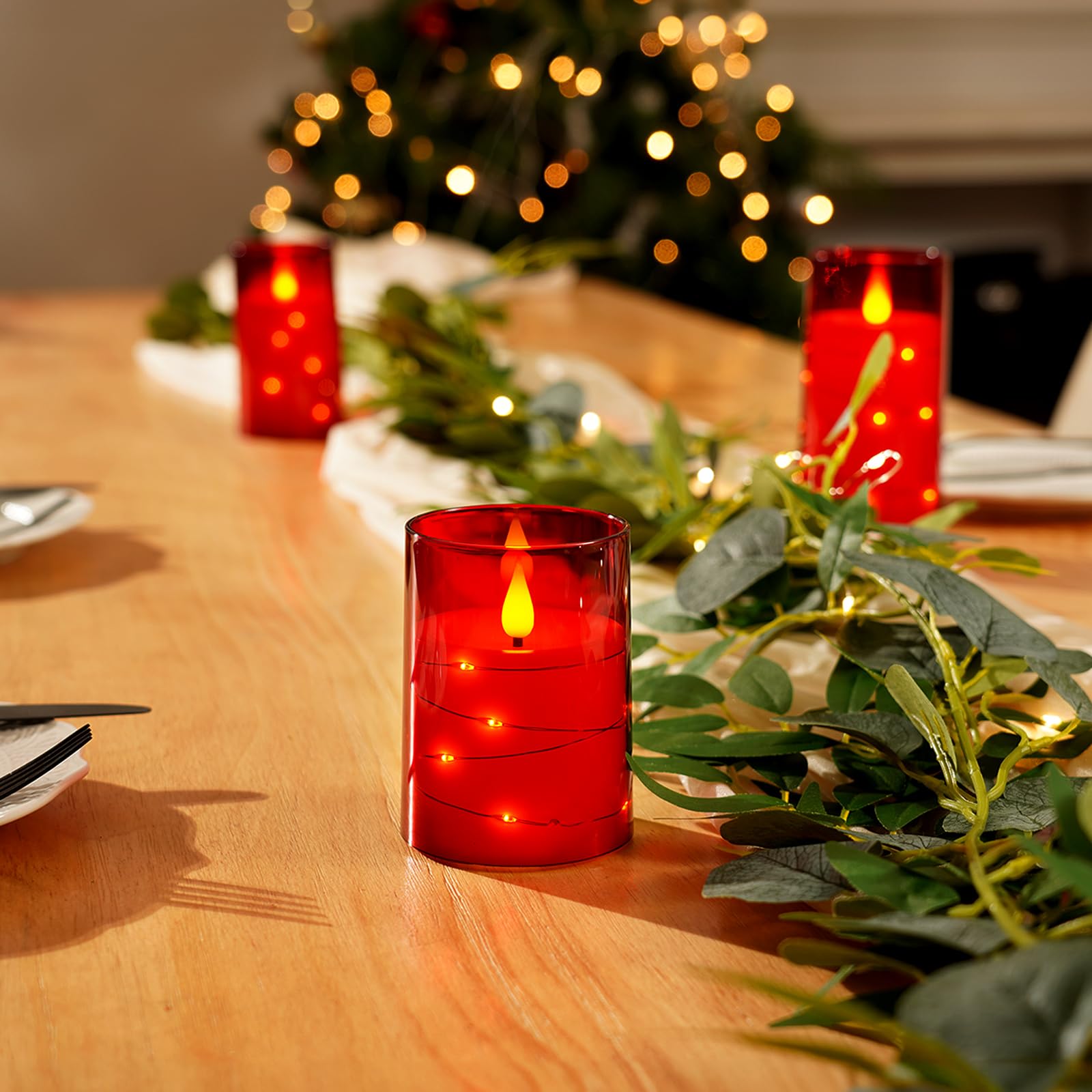 Amagic Red Flameless Candles 3 Set, Flickering Battery Operated Candles Embedded Fairy String Light, Realistic Pillar Candle Wit