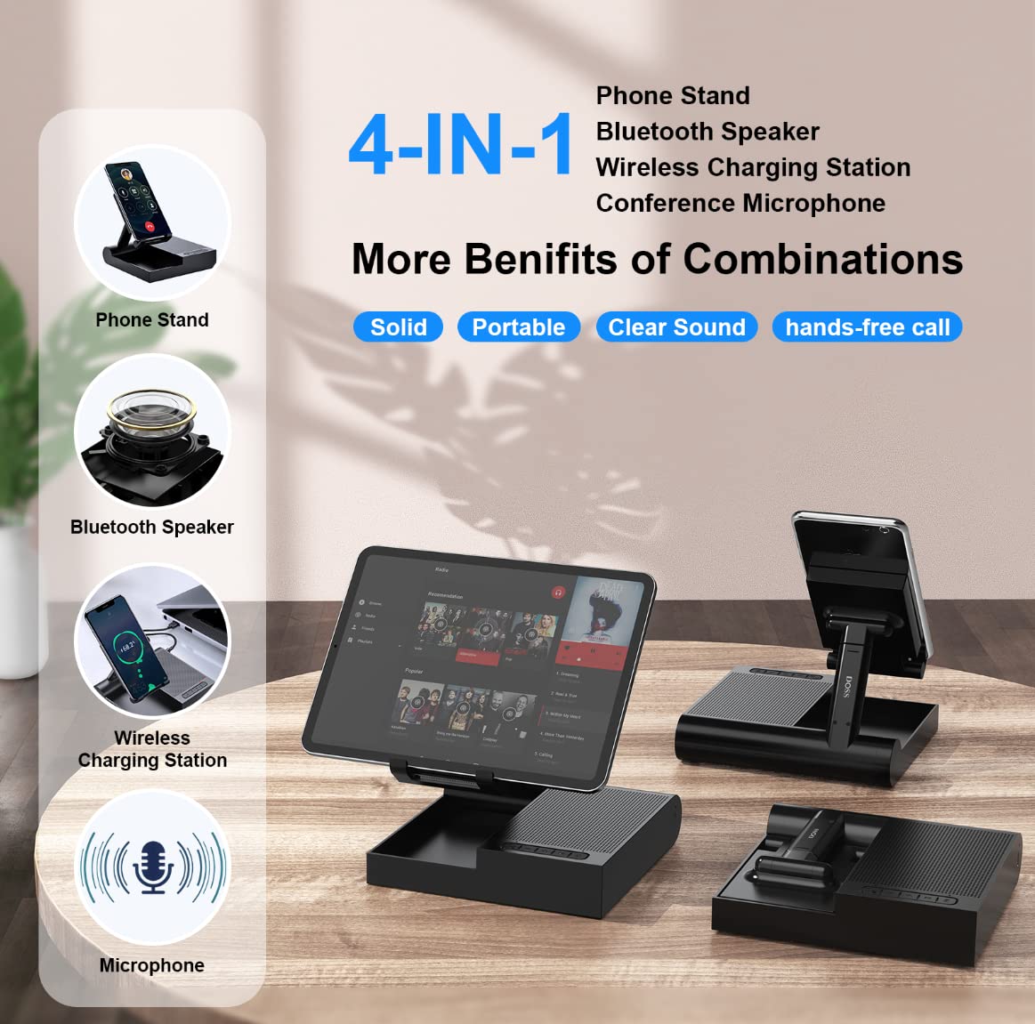 Doss Cell Phone Stand With Wireless Bluetooth Speaker, 15W Wireless Charger And Anti Slip Base, 4 In 1 Function, 8H Playtime, Ad