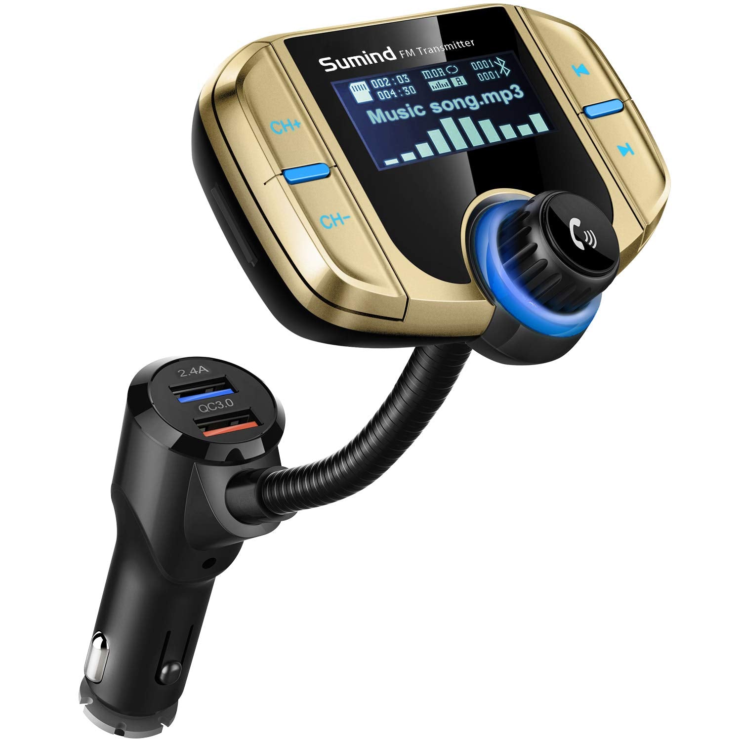 Upgraded Bluetooth Fm Transmitter, Wireless Radio Adapter Hands Free Car Kit With 1.7'' Display, Qc3.0 And Smart 2.4Amp Dual Usb Ports, Aux Input/Output, Tf Card Mp3 Player (Golden,Normal)