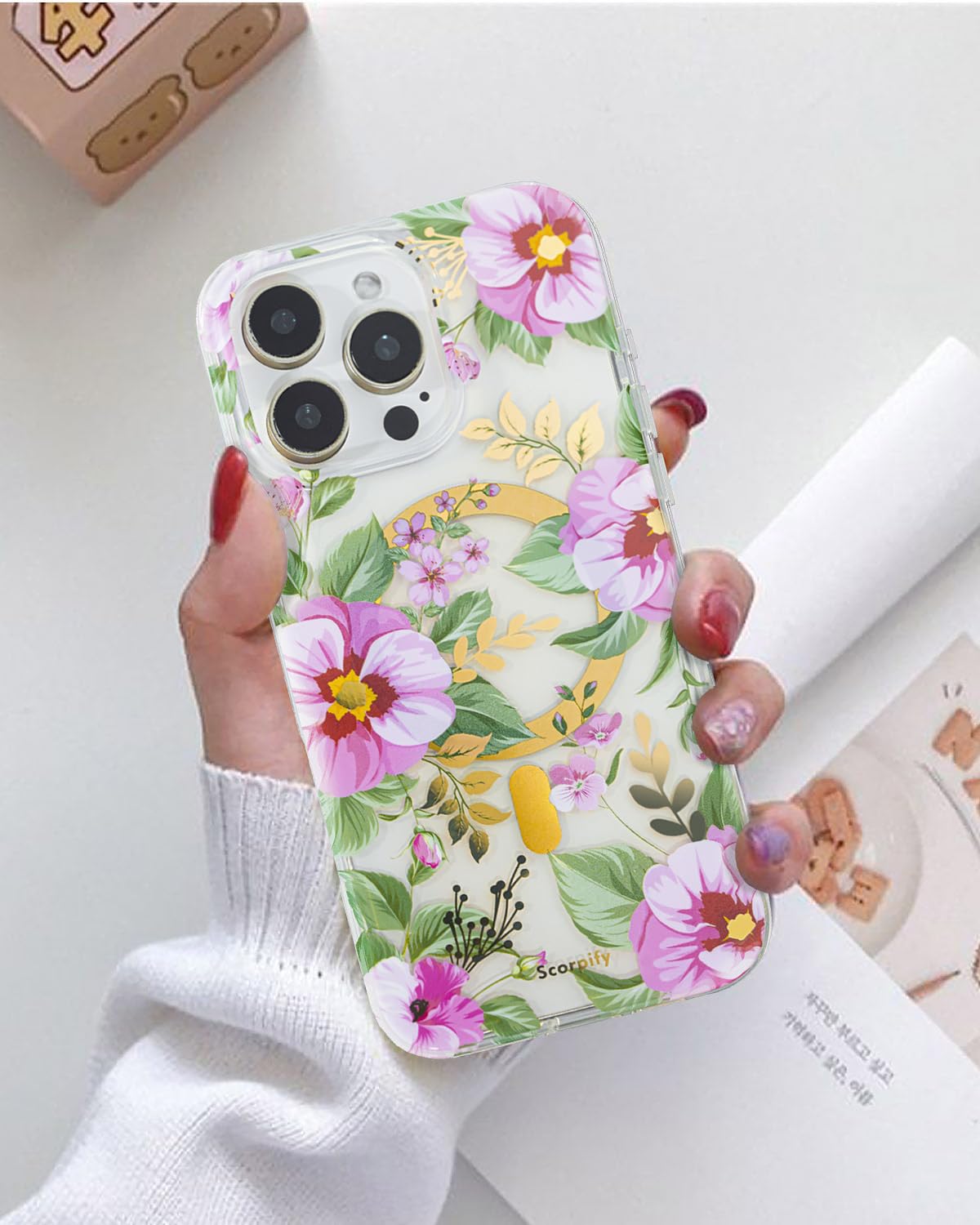Scorpify For Iphone 16 Pro Case [Compatible With Magsafe] With Pink Primrose Floral Design, Cute Clear Flower Magnetic Phone Cov