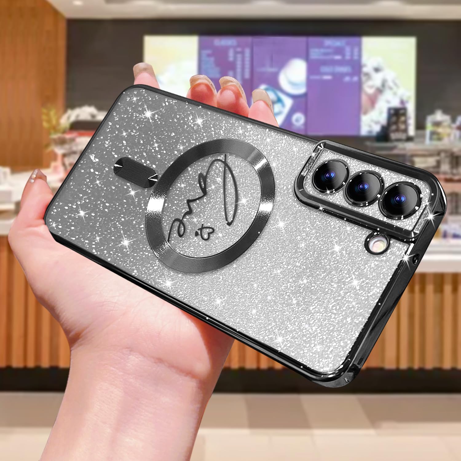 Zonrw For Samsung Galaxy S21 Plus Case Magnetic,For Women Girl Soft Cute Luxury Love Heart Plating Bling Gradient Glitter Clear