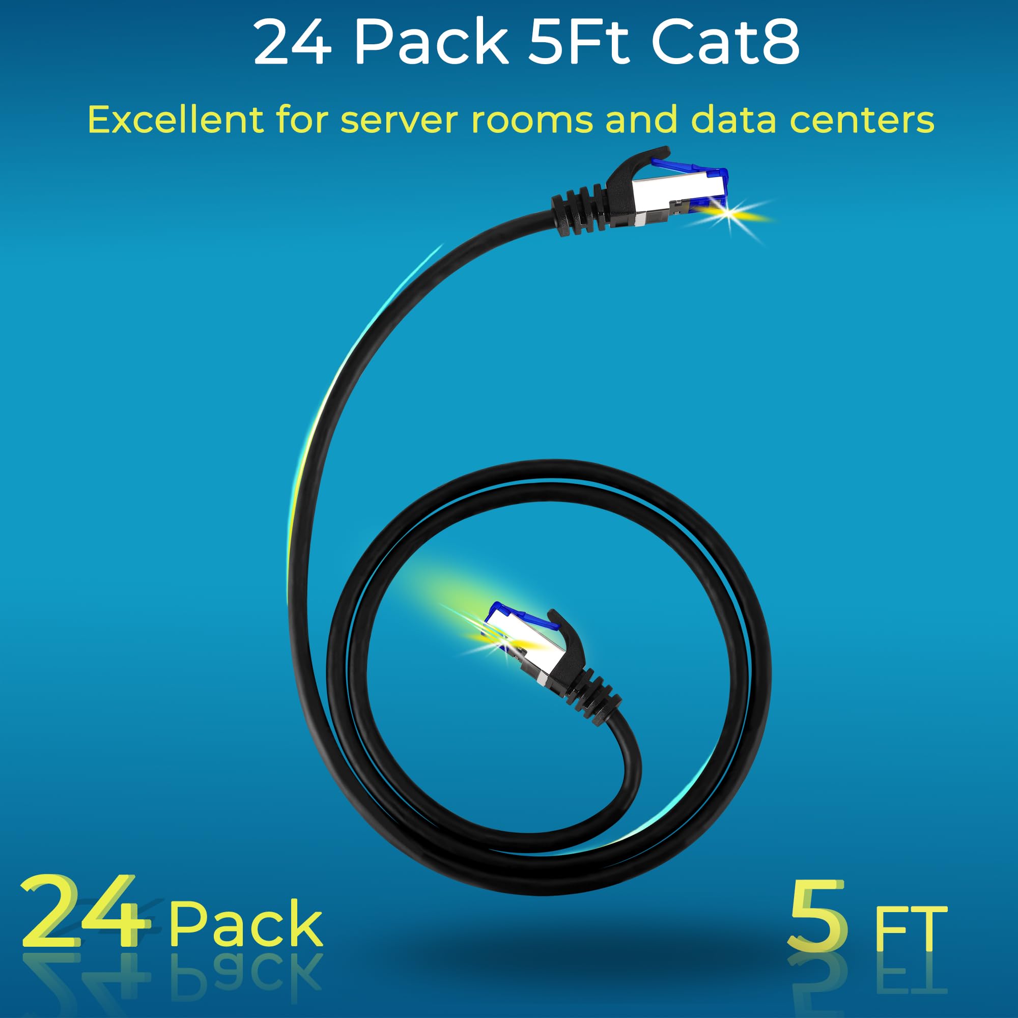 Rapink Patch Cables Cat8 5Ft 24 Pack Slim, Cat8 Ethernet Patch Cable 40G Support, Snagless Cat 8 Patch Cable For Patch Panel To Switch, Flexiable Cat 8 Ethernet Cable Datacenter With Gold Plated