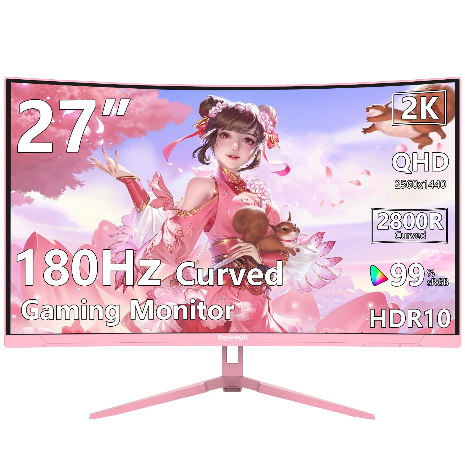 Raywego Pink 27 Inch Curved Gaming Monitor 180Hz,Qhd 1080P,1800R Led Display,Pink Computer Monitor,1Ms (Mprt),Freesync,Eye Care