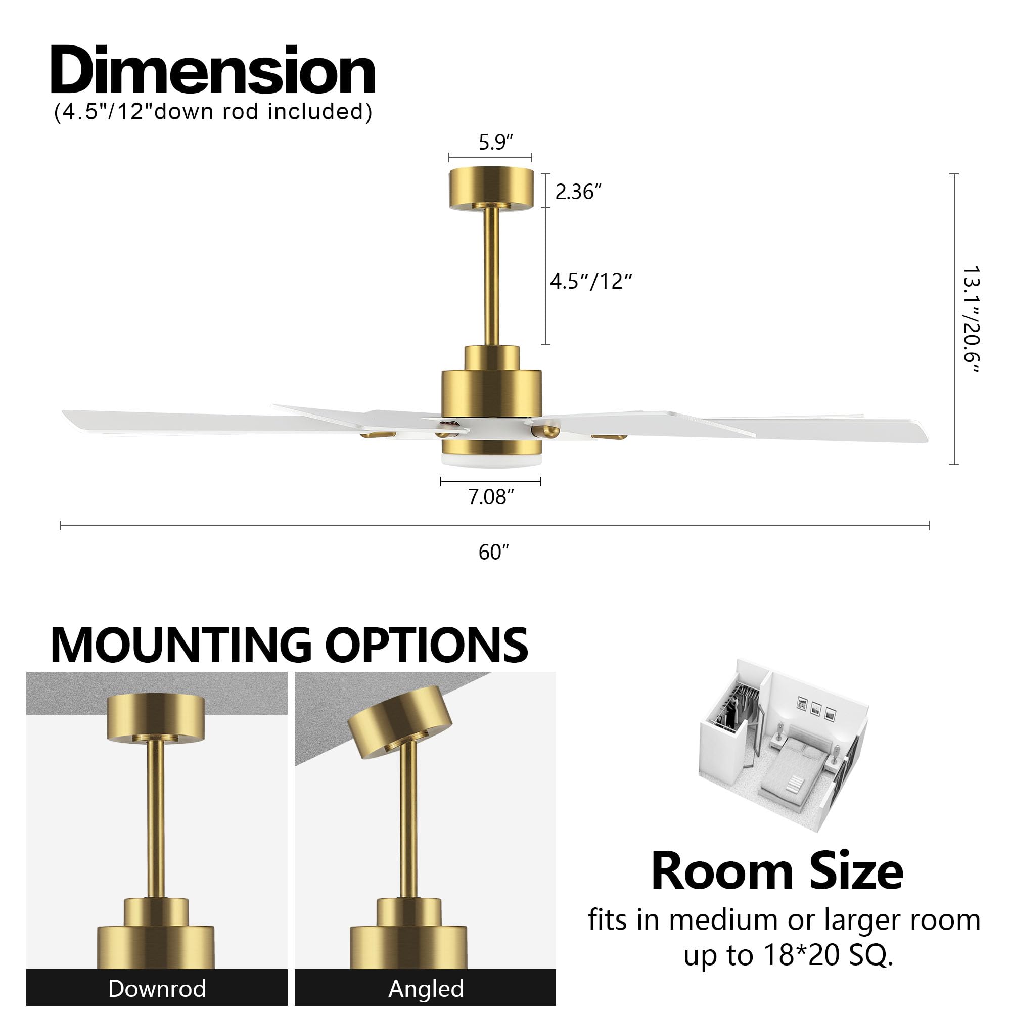 Elehinser 60'' Ceiling Fan With Lights And Remote Control, Wood 8 Blades 6 Speed Noiseless Reversible Dc Motor, Modern Large Cei