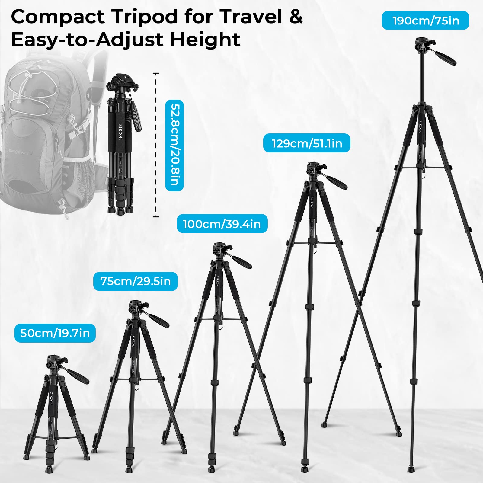 ZIKZOK 75" Heavy Duty Aluminum Tripod for DSLR, iPad, Phone - Black, Model PT80, Max Load 15 lb, Includes Carry Bag and Holder