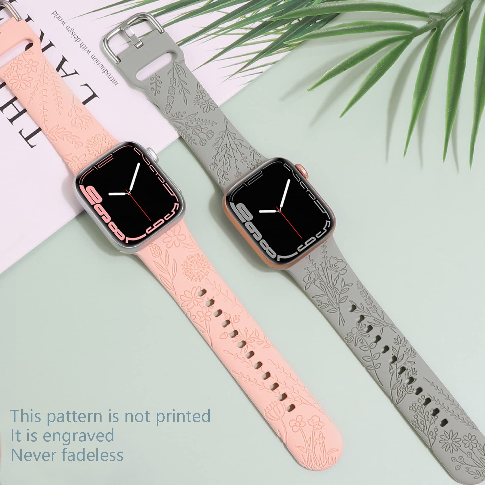 Flower Engraved Silicone Band Compatible With Apple Watch Bands 38Mm 40Mm 41Mm, Cute Women Wildflowers Floral Design Soft Sport Strap Replacement Wristbands For Iwatch Series 8 7/Se/6/5/4/3/2/1