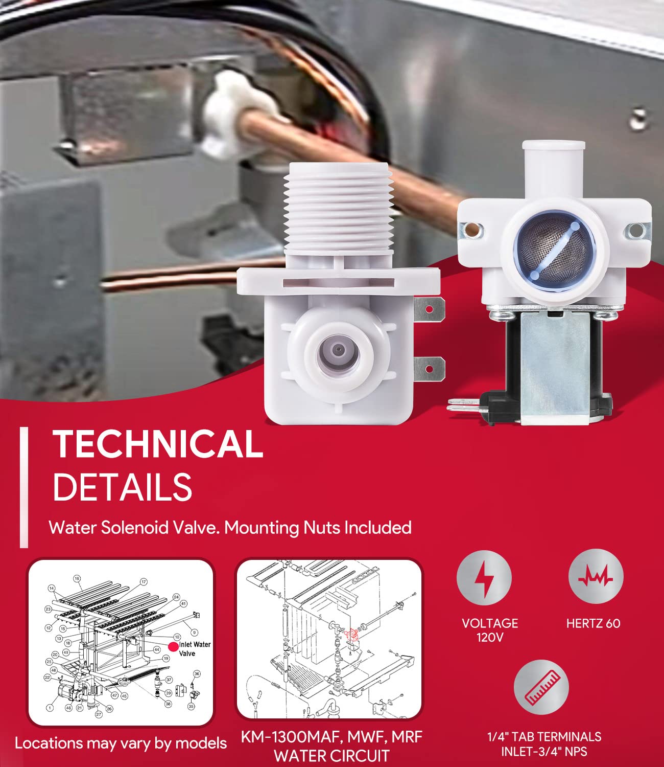 Replacement For Hoshizaki 3U0111 01 Water Valve, 120V, 60Hz, W/Mounting Nuts, J248 030