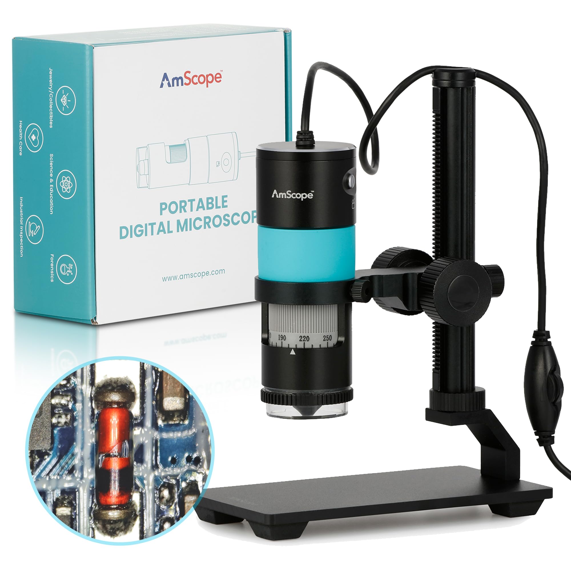 AmScope 5.1MP Professional Polarizing Handheld Digital USB Microscope w/ 10X-280X Magnification, LED Illuminator, and Metal Stan