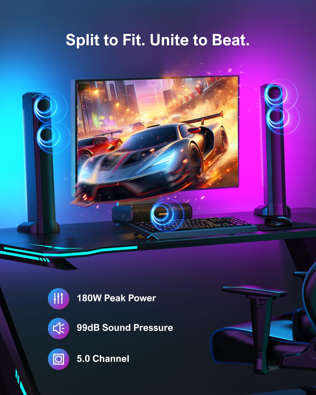 Ultimea 5.0Ch Sound Bar For Smart Tv, Pc Soundbar With Rgb Light, Detachable Soundbar For Tv With App Control, 180W Peak Power,