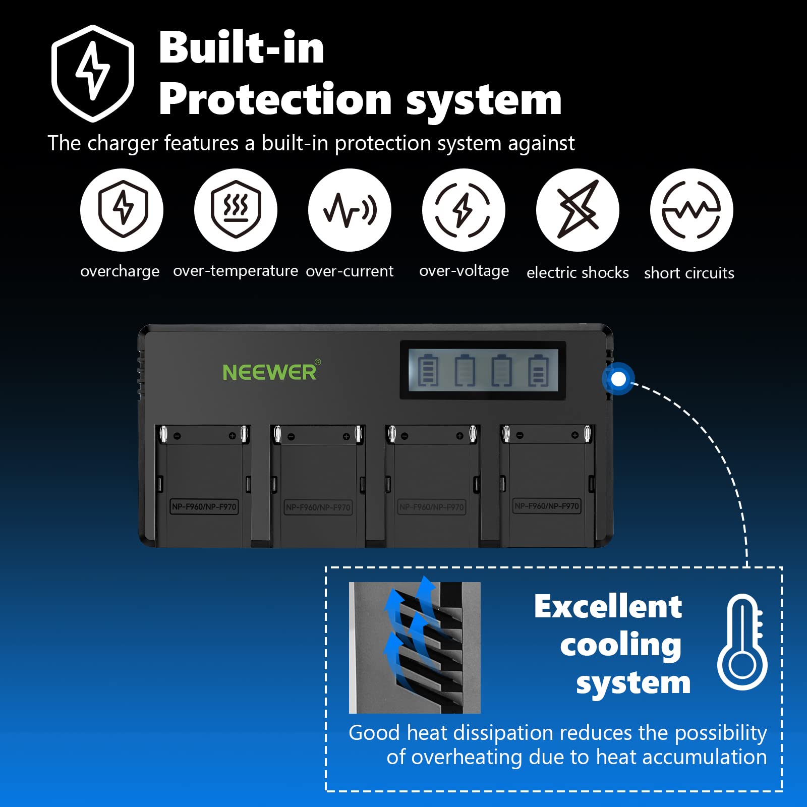 Neewer 4 Channel Np F Battery Charger With Lcd Screen & Power Adapter, Compatible With Sony Np F550 F570 F750 F770 F930 F950 F96
