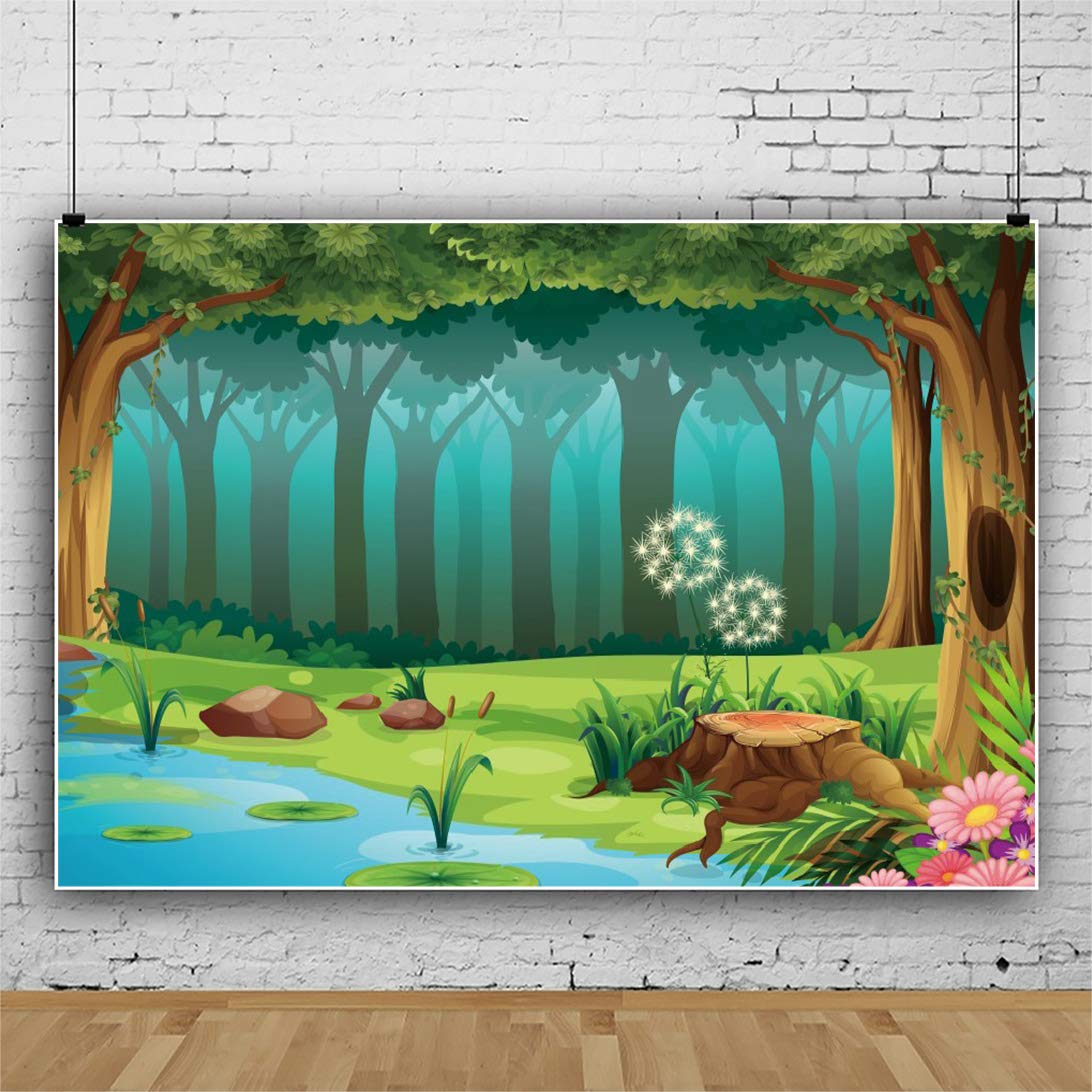 Leyiyi 5X3Ft Enchanted Forest Photography Background Fairy Tale World Woodland Spring Floal Flowers River Cartoon Banner Backdro