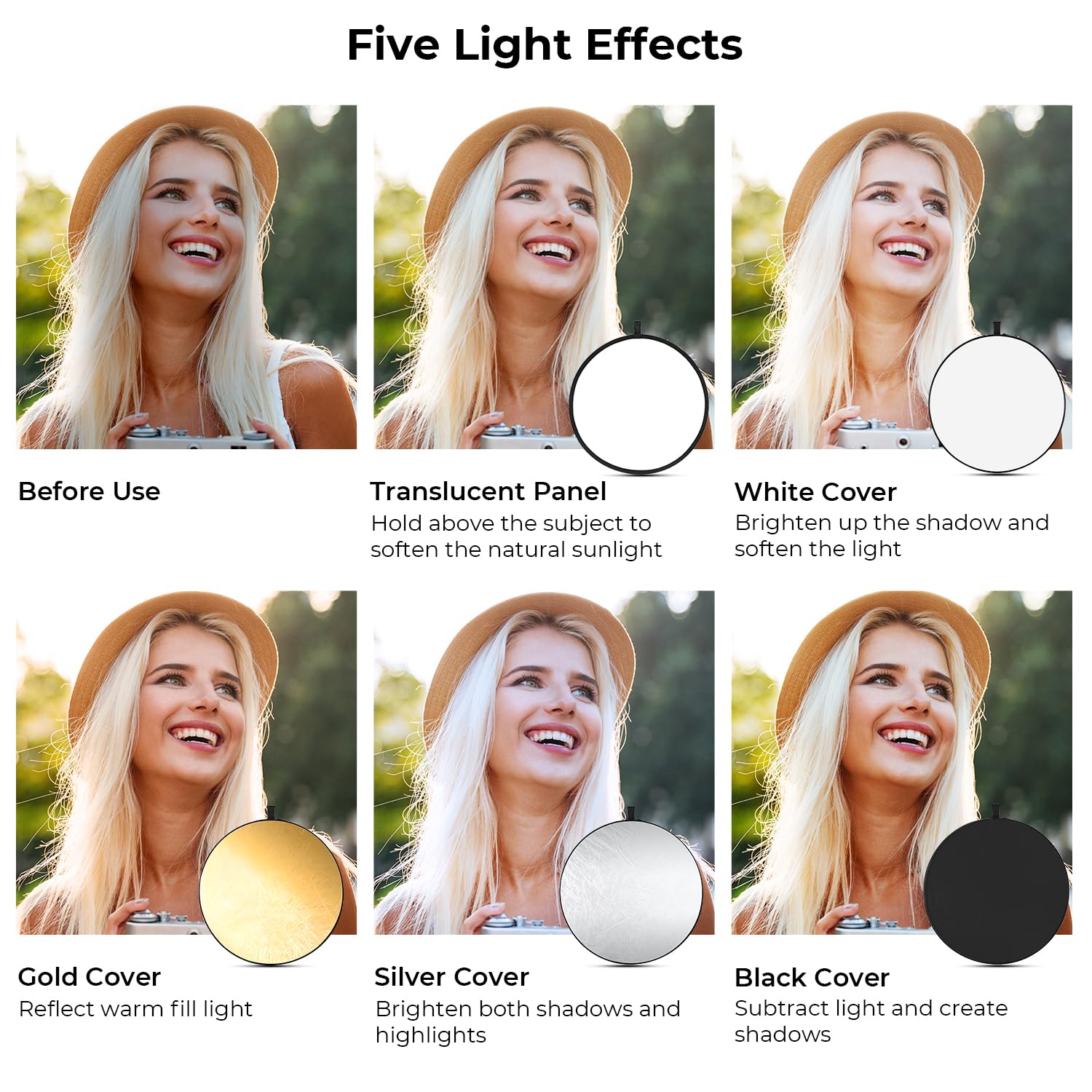 K&F Concept 5 In 1 Light Reflector 43''(110Cm) Photography Diffuser Collapsible Portable For Studio And Outdoor Lighting Gold Si