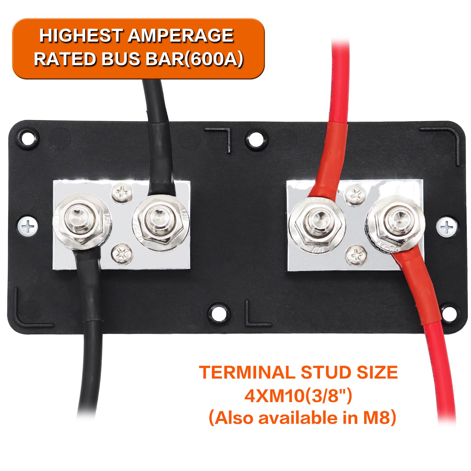 Amomd 600A 48V Bus Bar Box 4 Stud (3/8 Inch) M10 High Current Nickel Plated Copper Distribution Block Positive Negative Independ