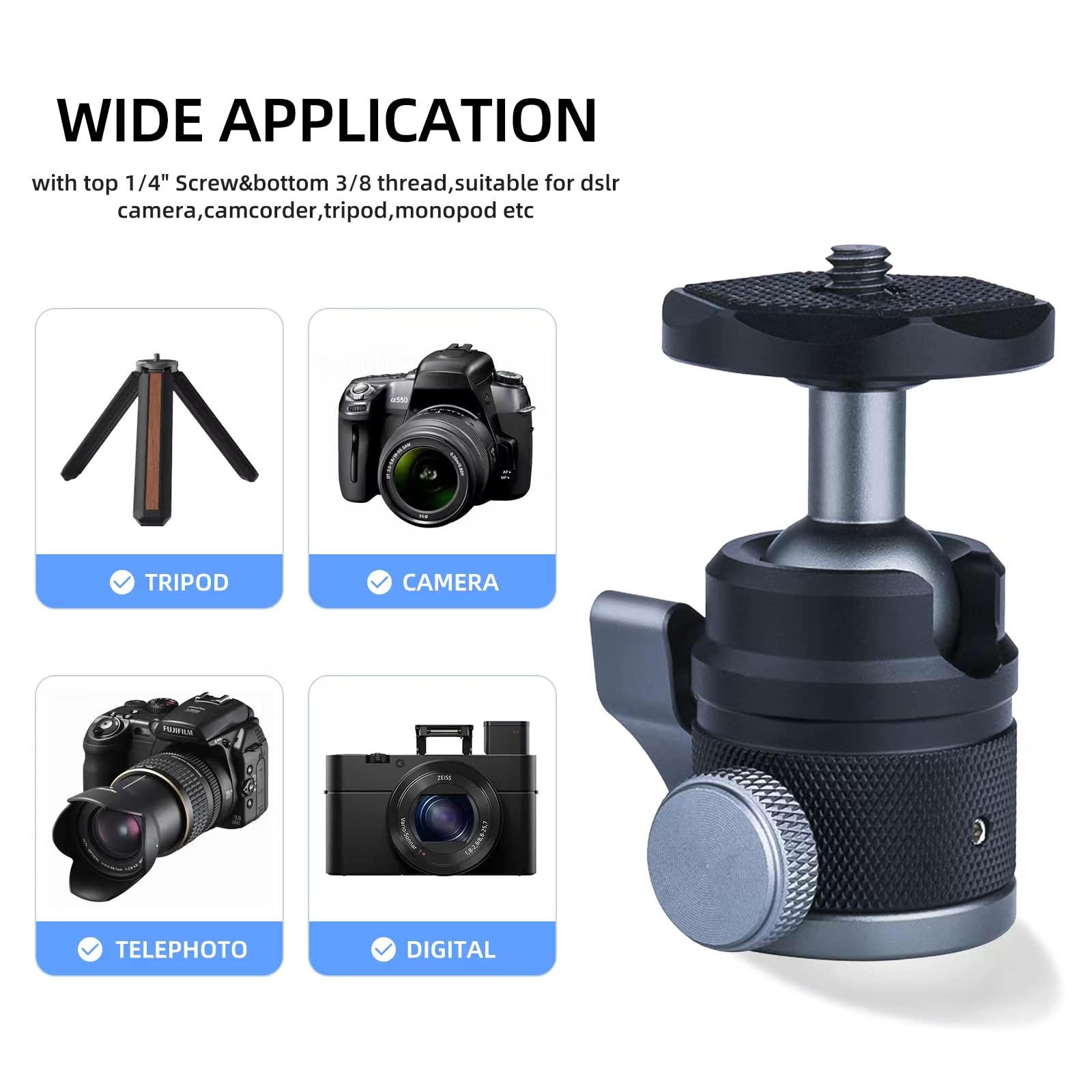 Poyinco Mini Ball Head With 1/4' Screw 3/8' Thread Mount Adapter 360 Degree Rotatable Aluminum Tripod Head For Dslr, Monopod, Phone, Gopro, Camcorder, Max Load 9.9Lbs/4.5Kg