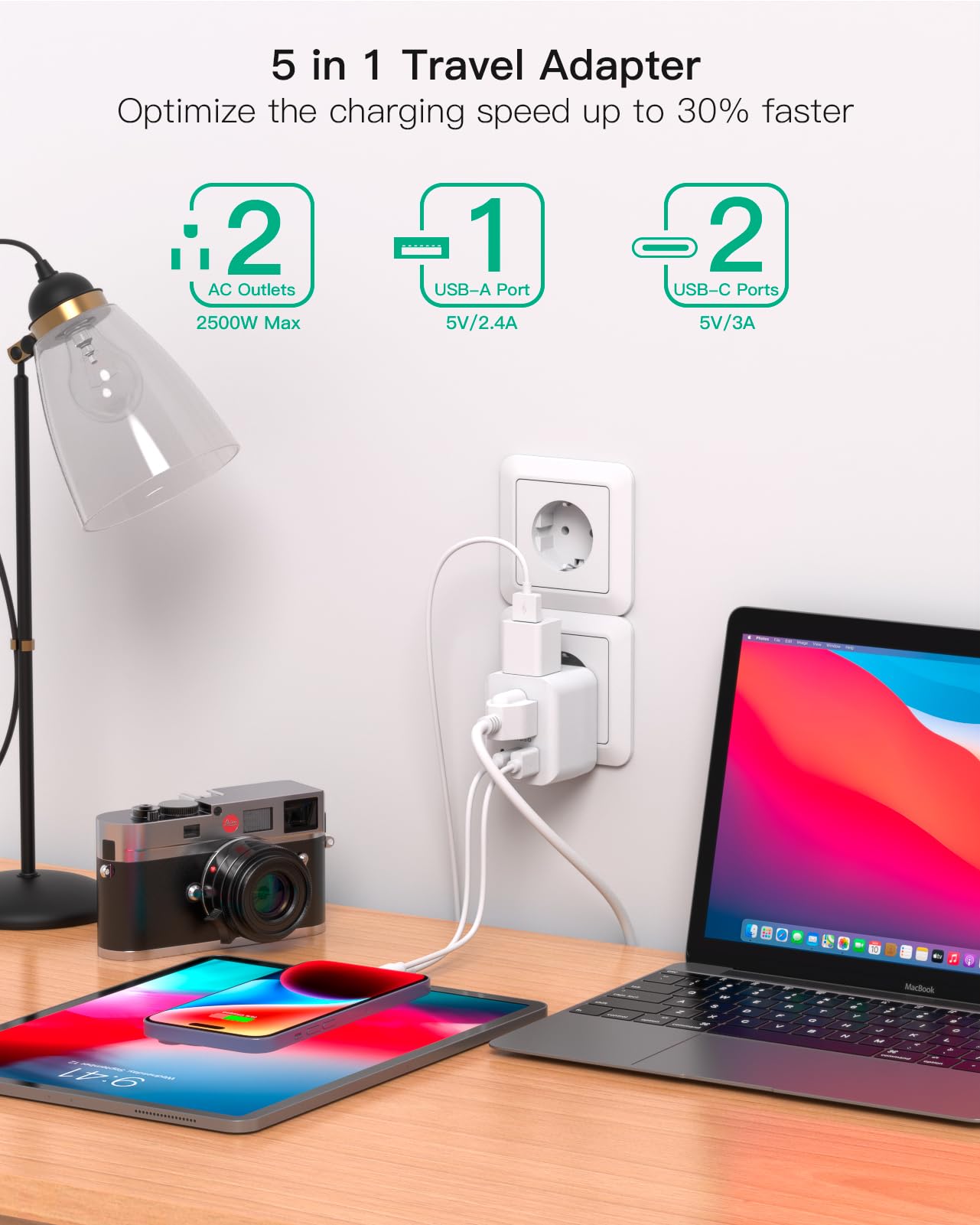 European Travel Plug Adapter, Foldable International Power Plug Adapter With 2 Ac Outlets 3 Usb Charging Ports(2 Usb C), Type C