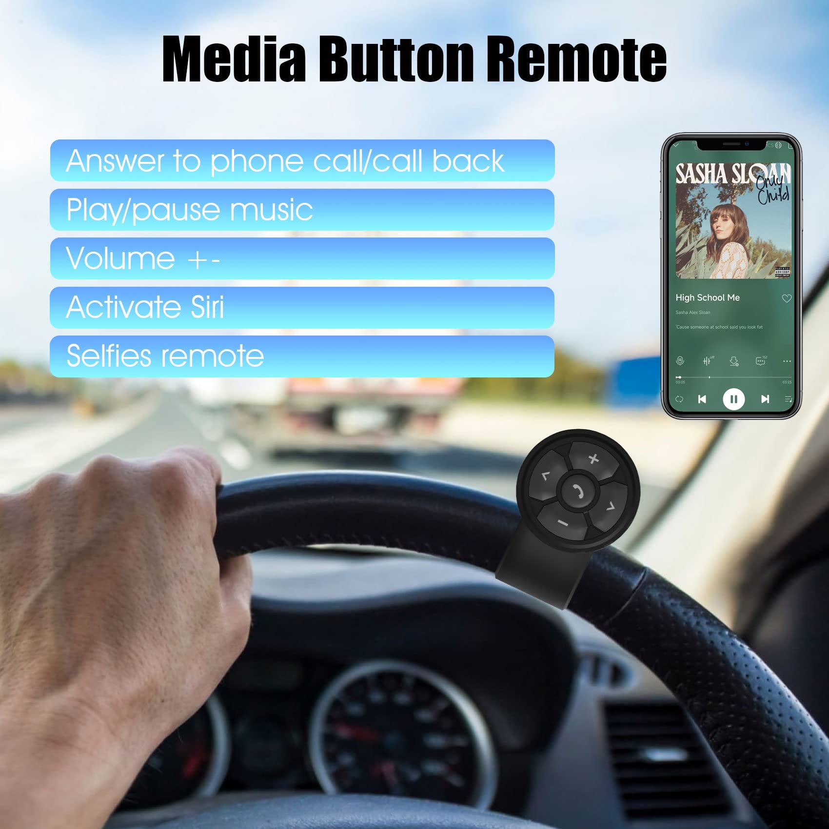 Bluetooth Media Button Steering Wheel Wireless Remote Control For Car Bike Motorbike Boat Ipx6 Waterproof Compatible For Iphone