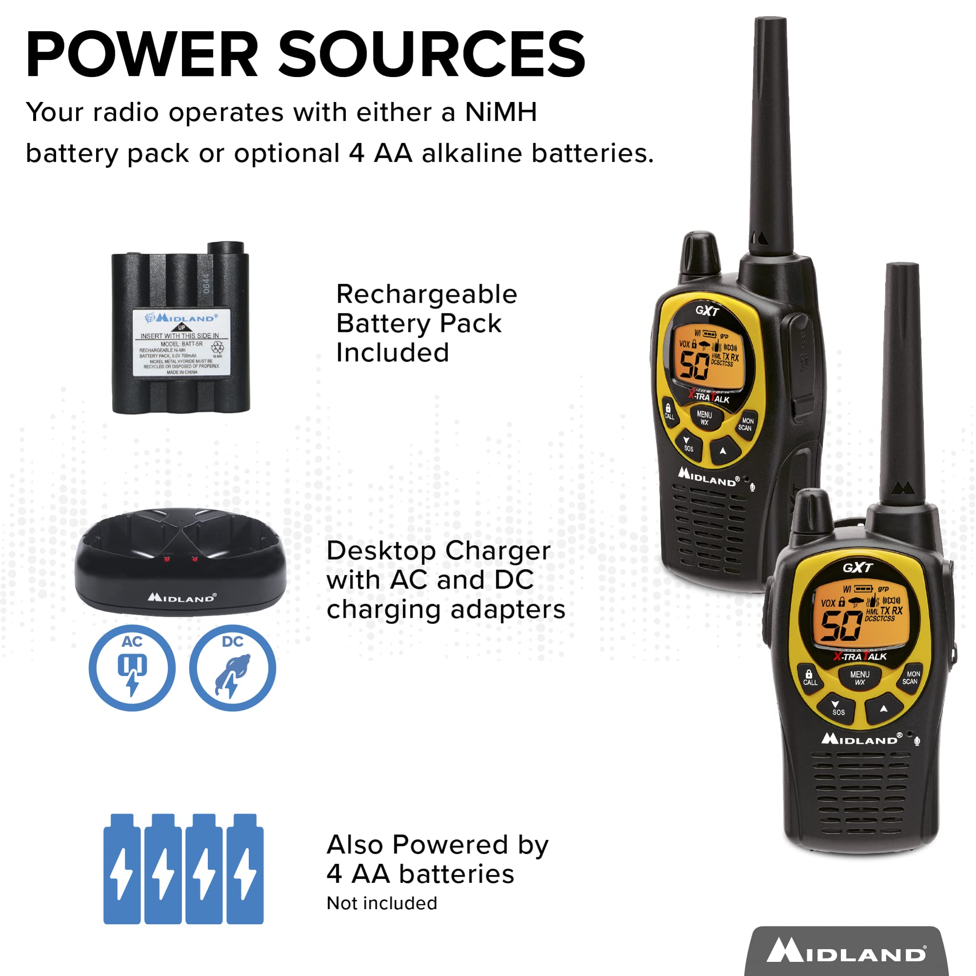 Midland 50 Channel Gmrs Two Way Radio   Long Range Walkie Talkie With 142 Privacy Codes, Sos Siren, And Noaa Weather Alerts And Weather Scan (Black/Yellow, Pair Pack)