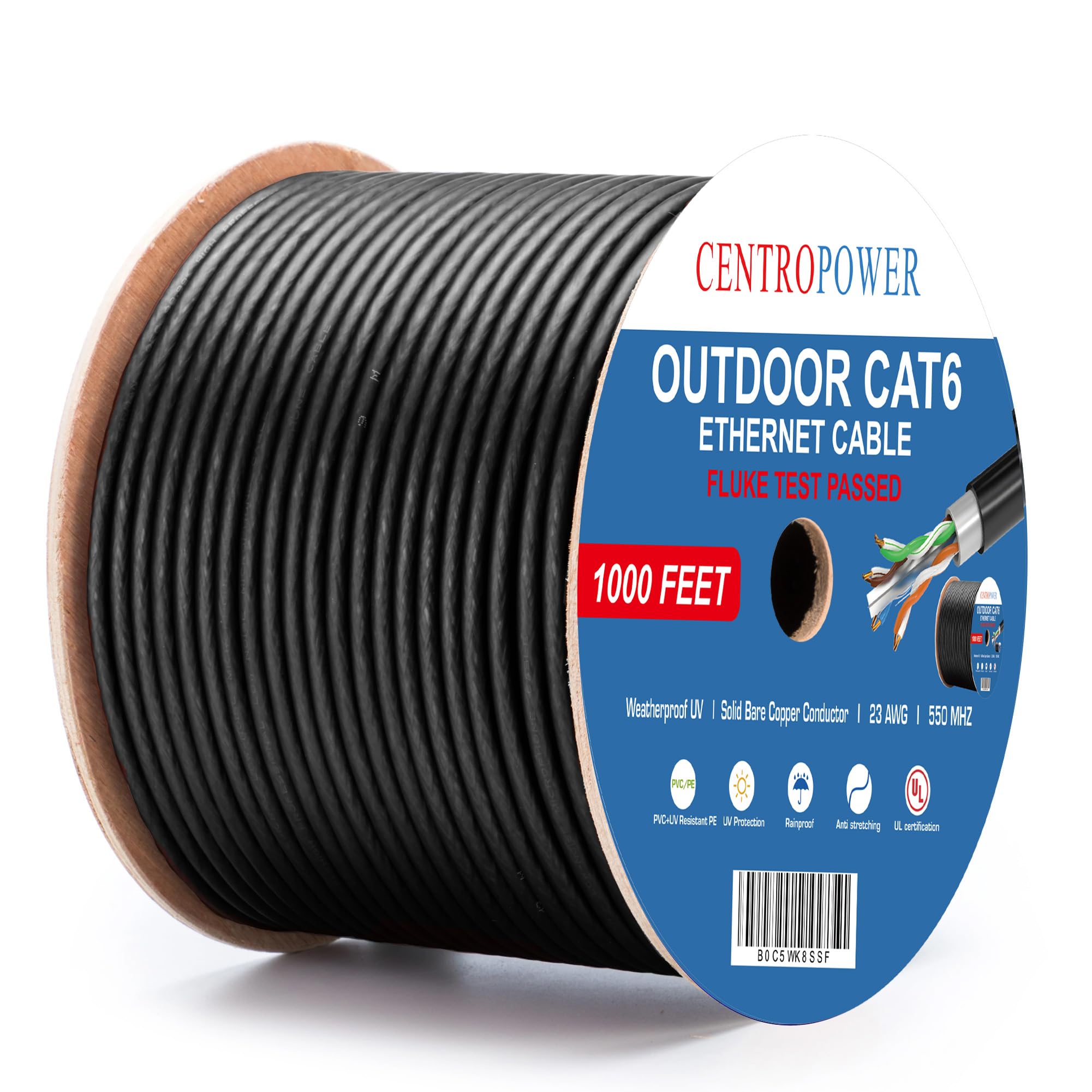 1000Ft Outdoor Direct Burial Cat 6 Ethernet Cable   Waterproof, Uv Resistant, Ul Listed, 23Awg Solid Bare Copper, 550Mhz, Poe++, Unshielded Utp Lan Internet Cable, Reel Mounted   4Ppoe Compatible