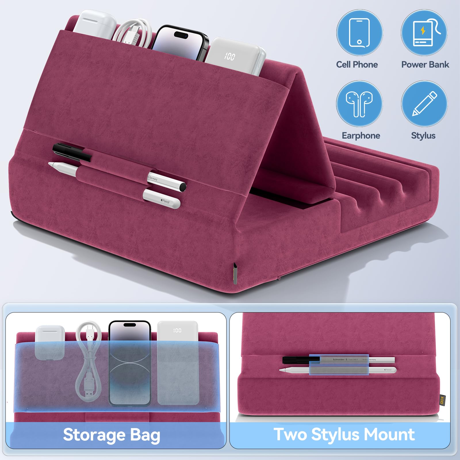 Kdd Tablet Pillow Holder, Foldable Ipad Stand For Lap, Bed And Desk  Tablet Soft Pad Dock With Pocket & Stylus Mount Compatible With Ipad Pro 12.9, 10.5, 9.7 Air Mini 6 5 4 3, Galaxy Tab, E Reader