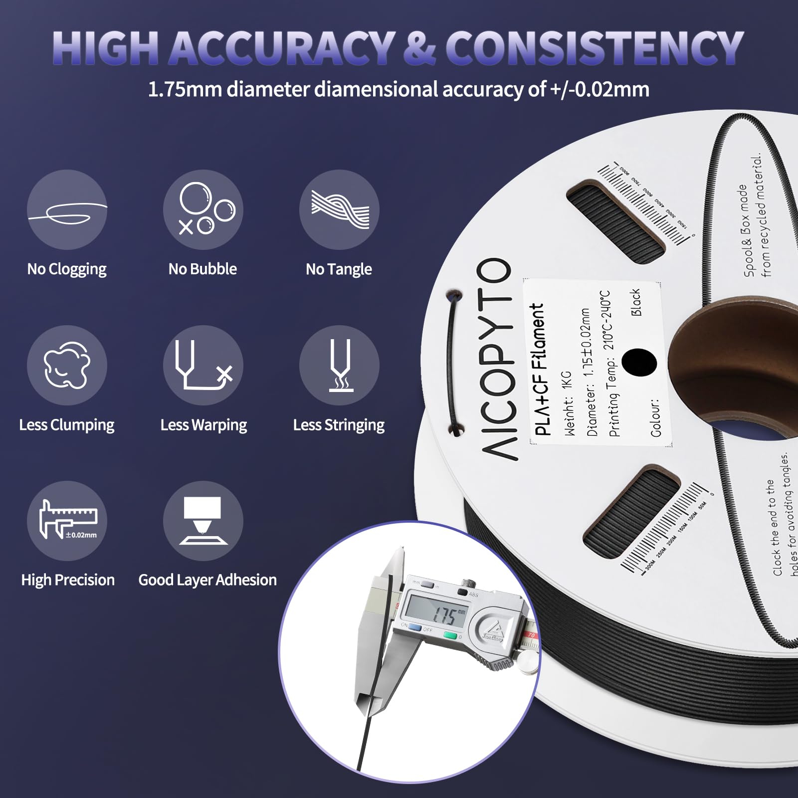 Aicopyto Carbon Fiber Pla (Pla-Cf) Filament, 3D Printing1.75Mm 1Kg Spool(2.2 Lbs) Dimensional Accuracy +/- 0.02Mm - Pla Cf Filam