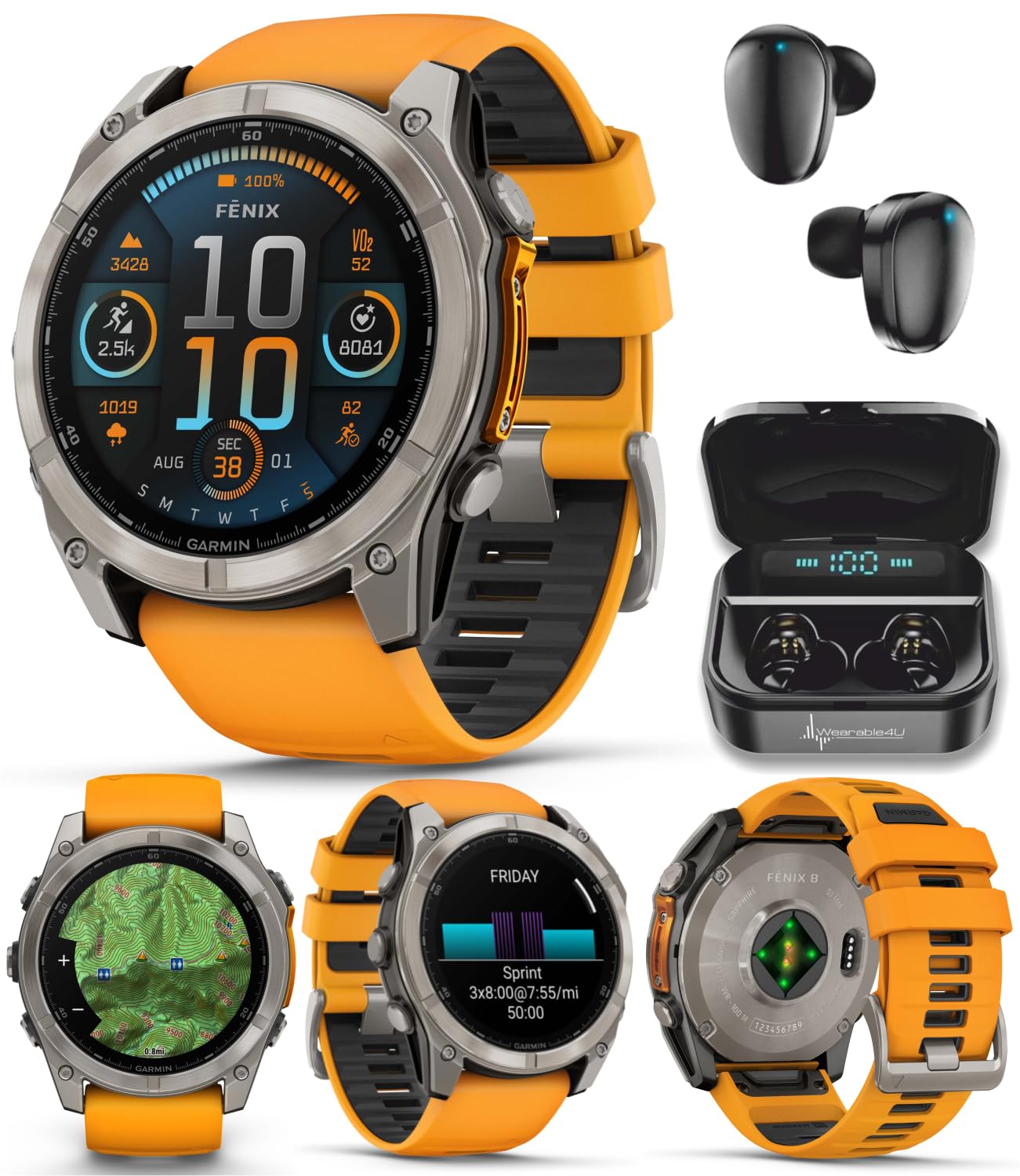 Wearable4U Garmin Fenix 8 51 mm, AMOLED Multisport GPS Smartwatch, Sapphire, Titanium with Spark Orange/Graphite Silicone Band, 