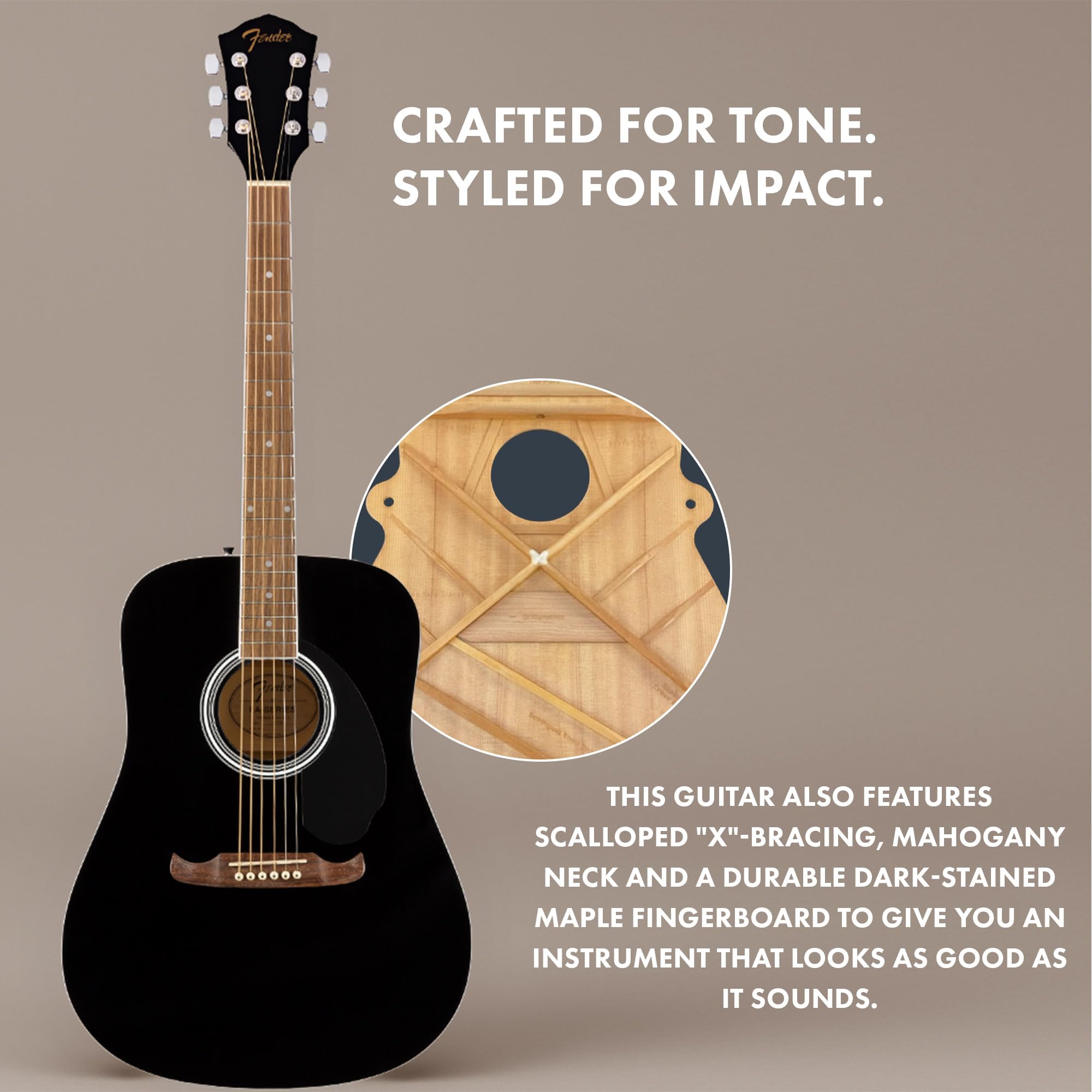 Fender Dreadnought Acoustic Guitar - Black Bundle With Gig Bag, Tuner, Strap, Strings, String Winder, Picks, Fender Play Online