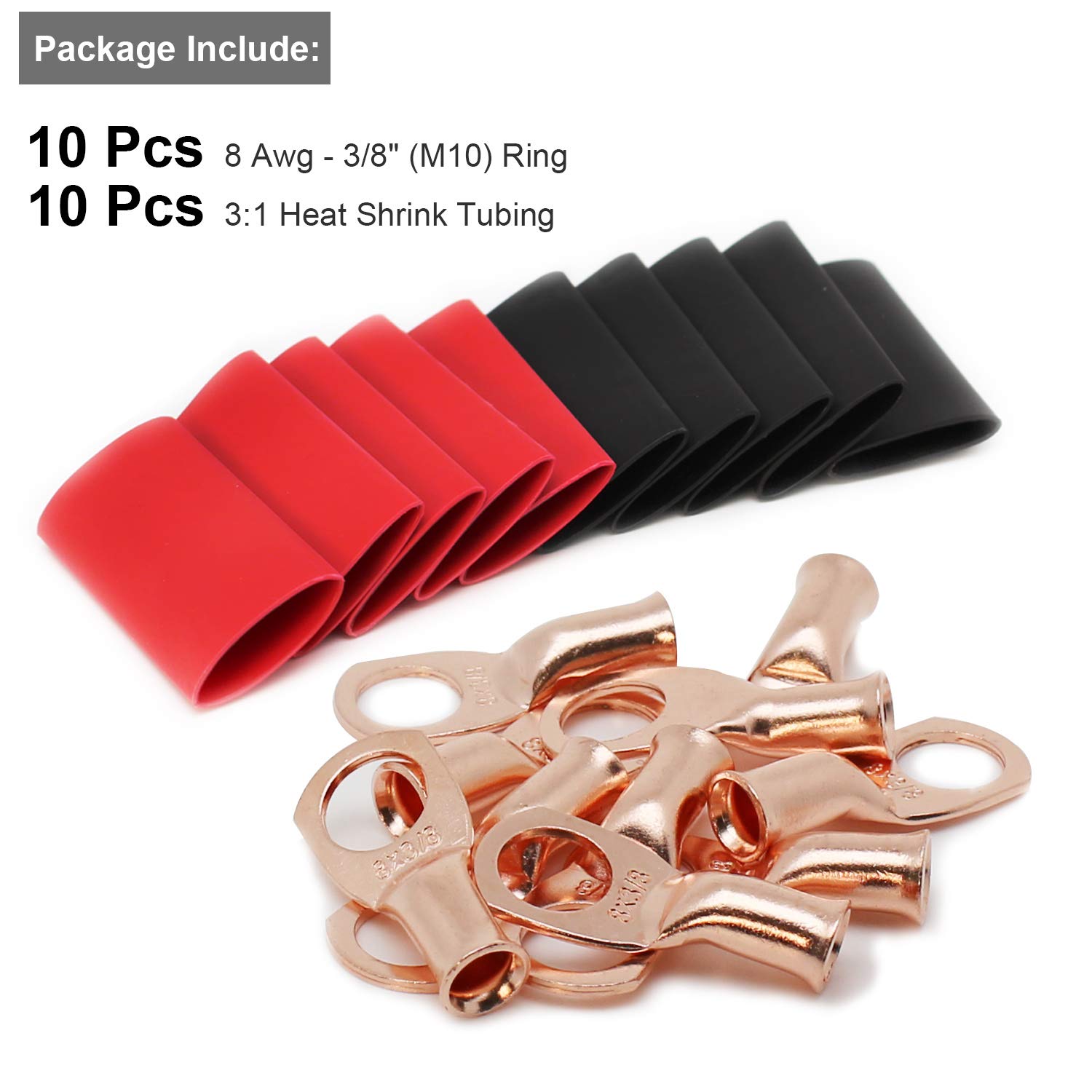 10Pcs 8Awg 3/8''Ring Copper Battery Lugs Wire Lugs,Heavy Duty Battery Cable Ends,Awg Crimp Wire Ring Lugs,Terminal Connectors Wi
