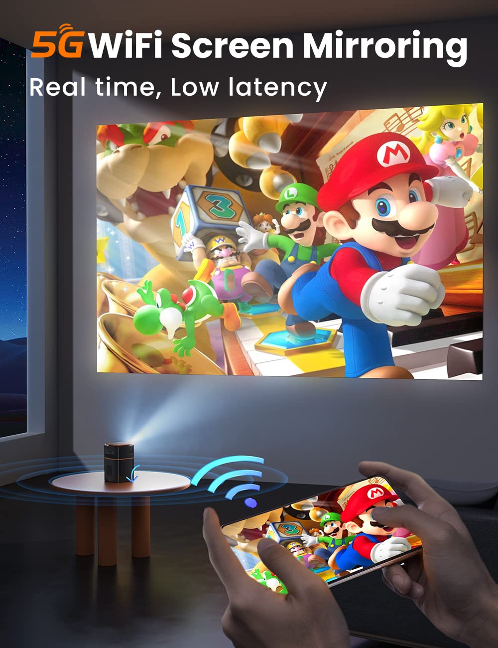 FATORK Mini Projector D042 - 1080P HD, 5G WiFi, Short Throw, Portable, Compatible with iOS/Android/TV Stick, Rechargeable