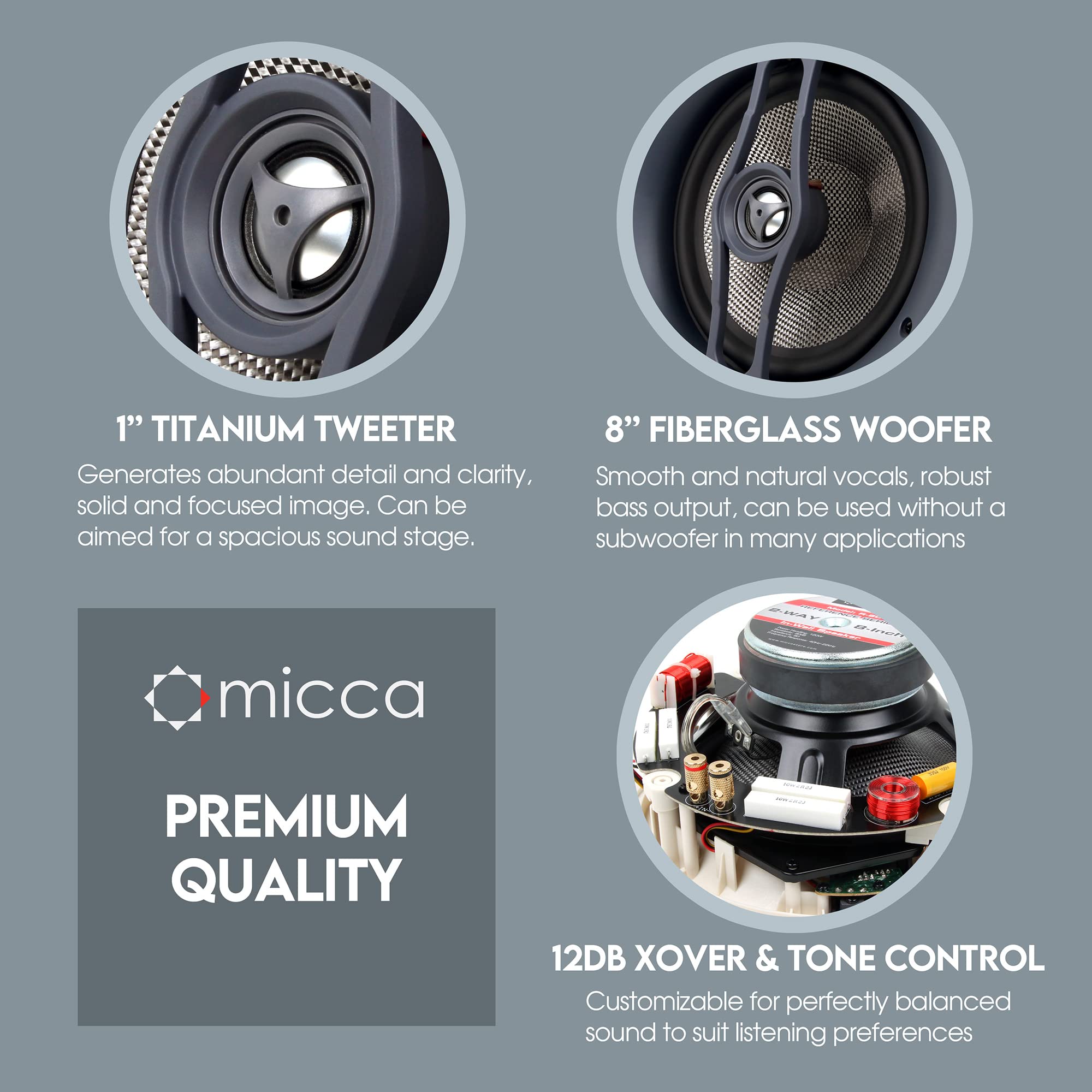 Micca Reference Series R-8C 2-Way In Ceiling In Wall Speaker, 8 Inch Woofer, 1-Inch Pivoting Aluminum Dome Tweeter, Tone Control