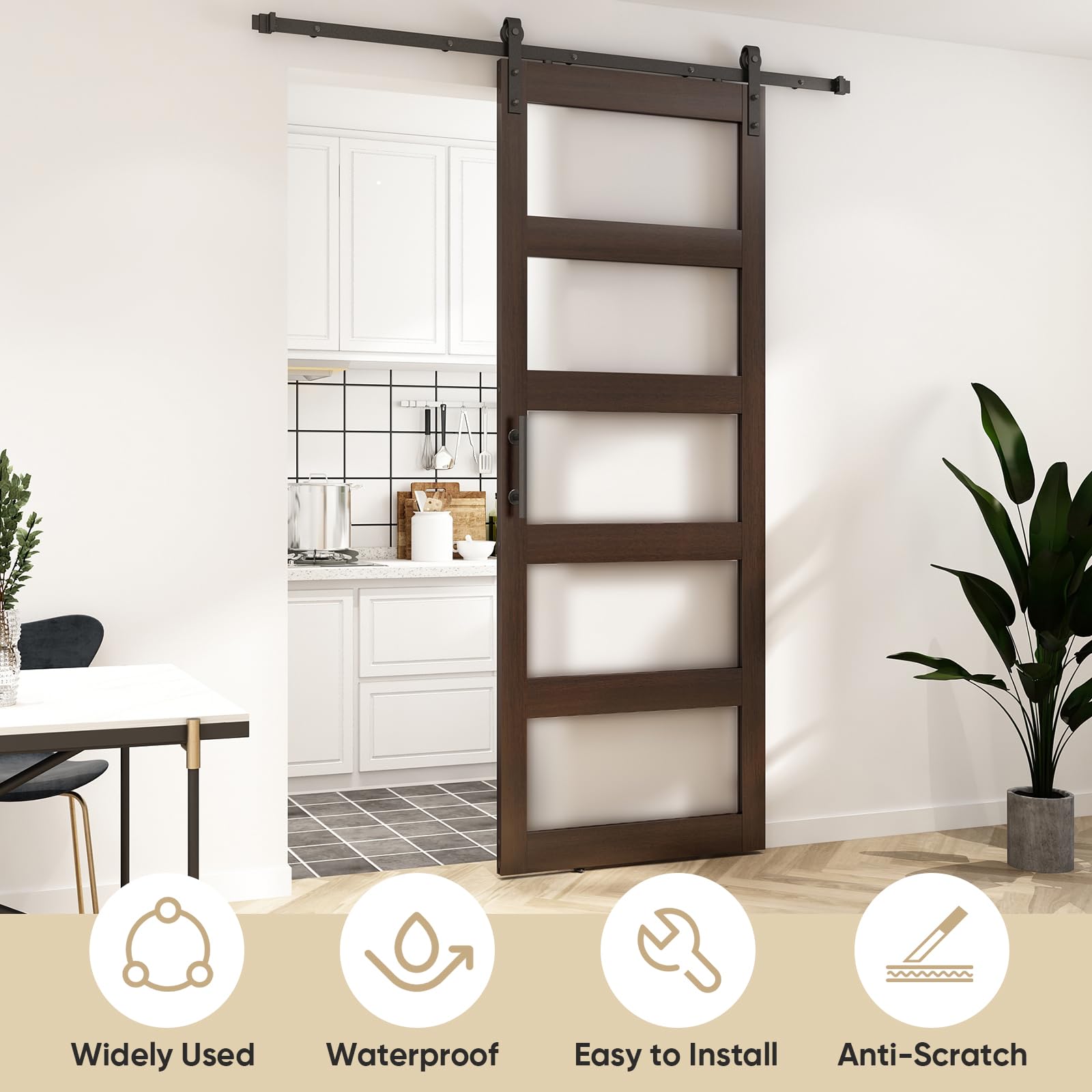 Barnsmith 36In X 96In Glass Barn Door And 6.6Ft Sliding Door Hardware Included, 5 Panel Frosted Glass Sliding Barn Door, Solid W