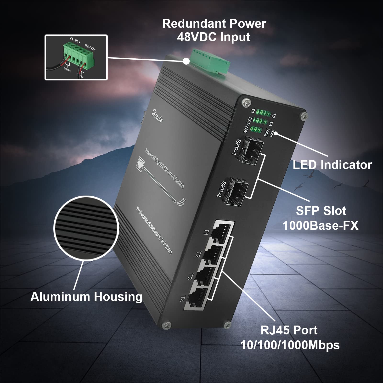 Hereta Hardened Industrial Gigabit Poe+ Switch Mini 6 Ports Compact Fiber Ethernet Switch 4 Ports Poe+ Optical Switch (30W Per P