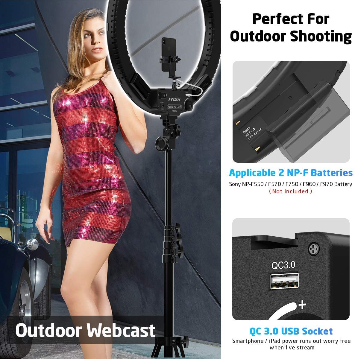 IVISII 19" Bi-Color Ring Light with Stand & Phone Holder, 60W, Black - Perfect for Live Streaming, Makeup, YouTube, TikTok, Zoom, Photography