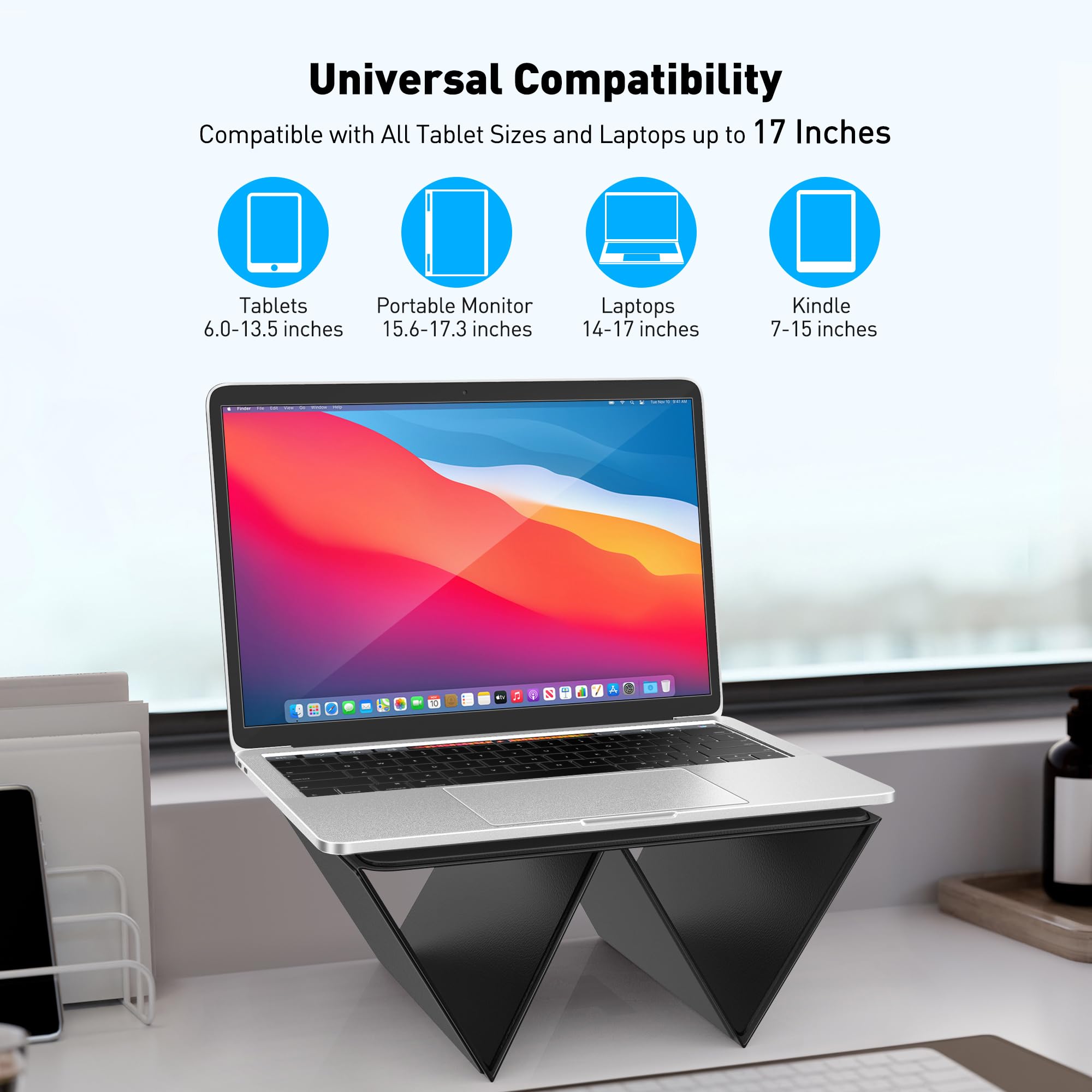AboveTEK Portable Tablet Stand, 2 in 1 Foldable iPad Stand & Laptop Holder for Desk, Adjustable Travel Stand for 14'~17' MacBook Air/Pro/Tablets/Kindle, Ultra Sleek PU Leather Computer Riser