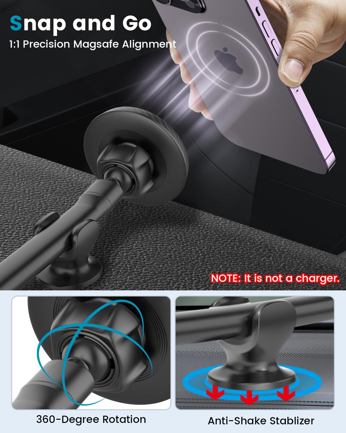 Apps2Car For Magsafe Car Mount Magnetic Phone Holder Upgraded 13-Inch Long Arm Suction Cup Windshield Mount Fits Iphone 16 Pro M
