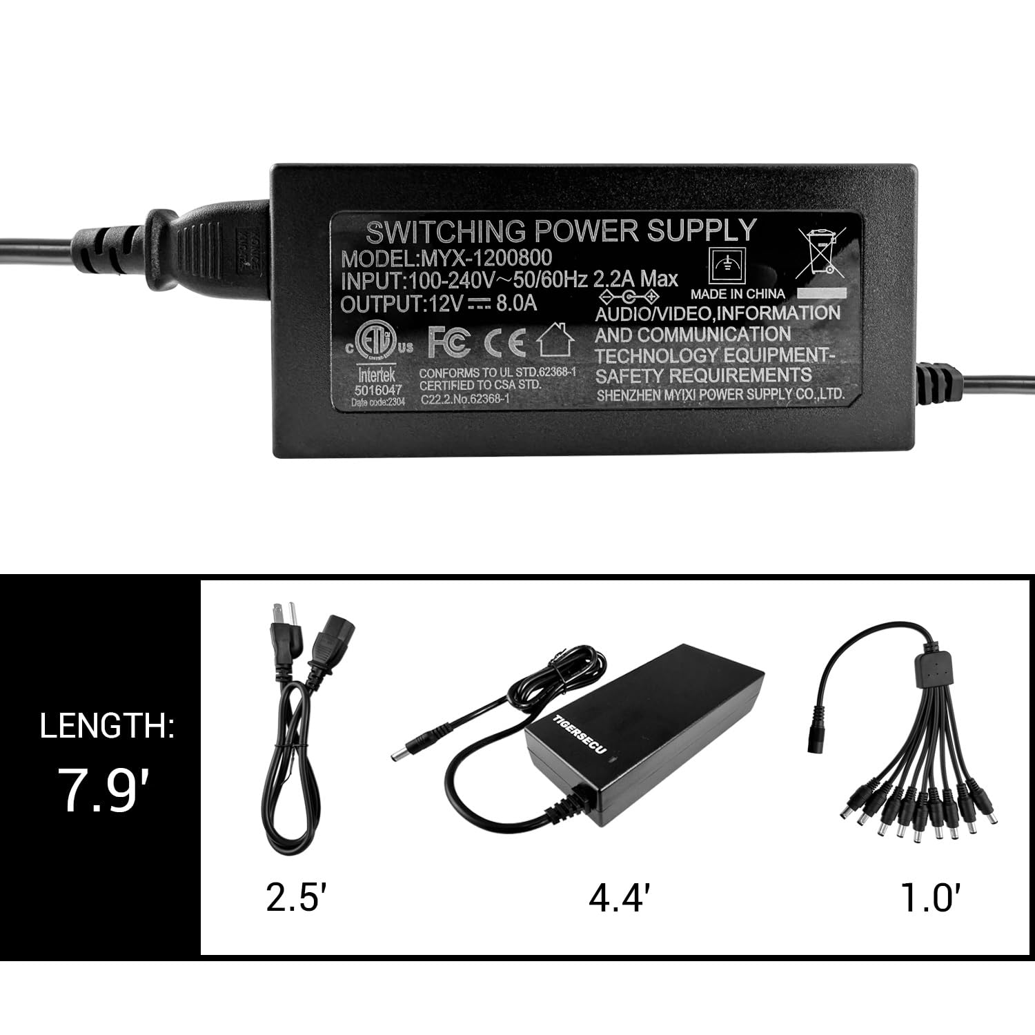 Tigersecu 12V 8A Power Adapter For Security Cameras And Dvrs, With 9 Way Splitter, 100V 240V, 2.1X5.5Mm, Compatible With Lorex,