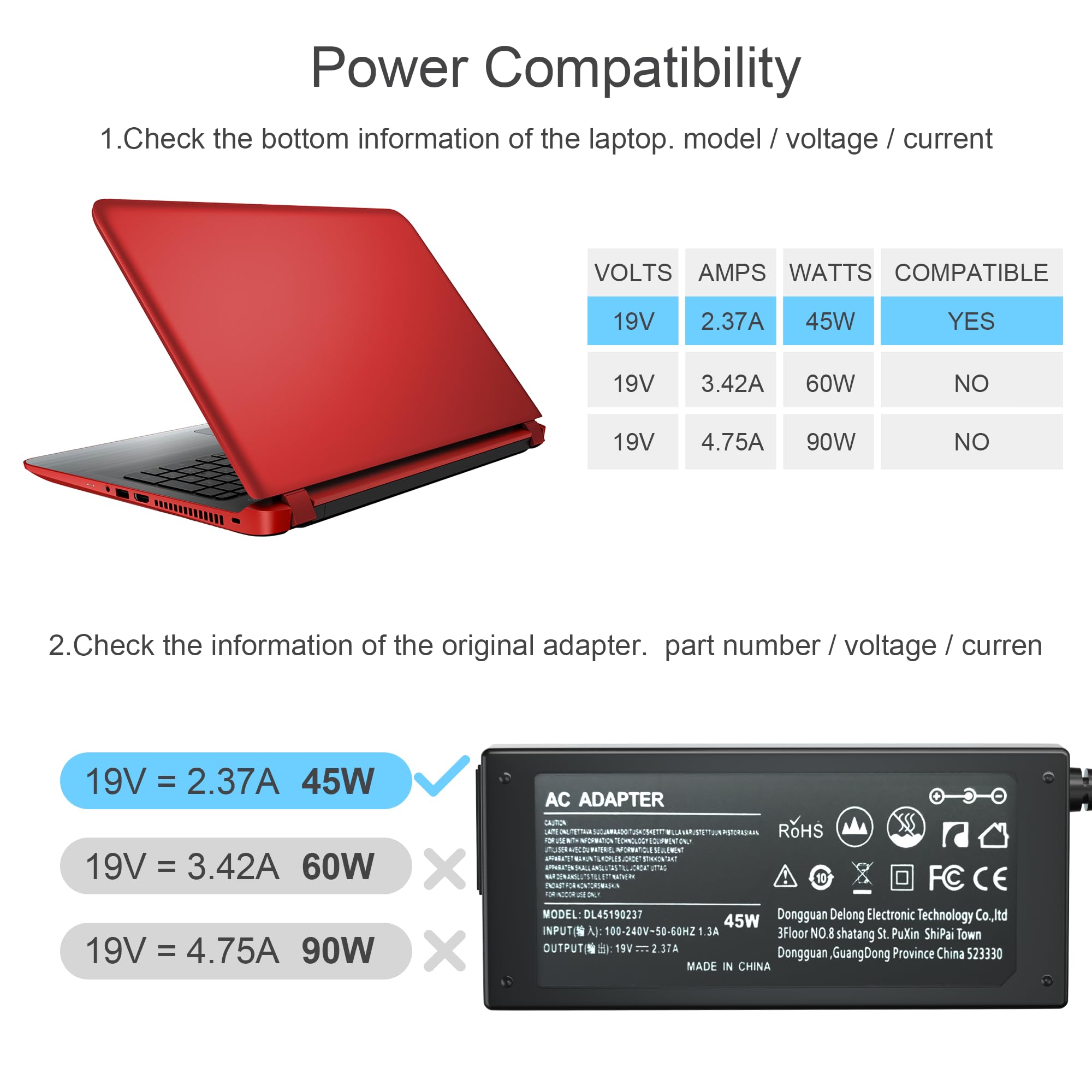 Zosam 45W AC Adapter Laptop Charger for Acer Aspire 5 & Chromebook R11, Black, 19V 2.37A, Power Cord, Compatible Models A515-44/