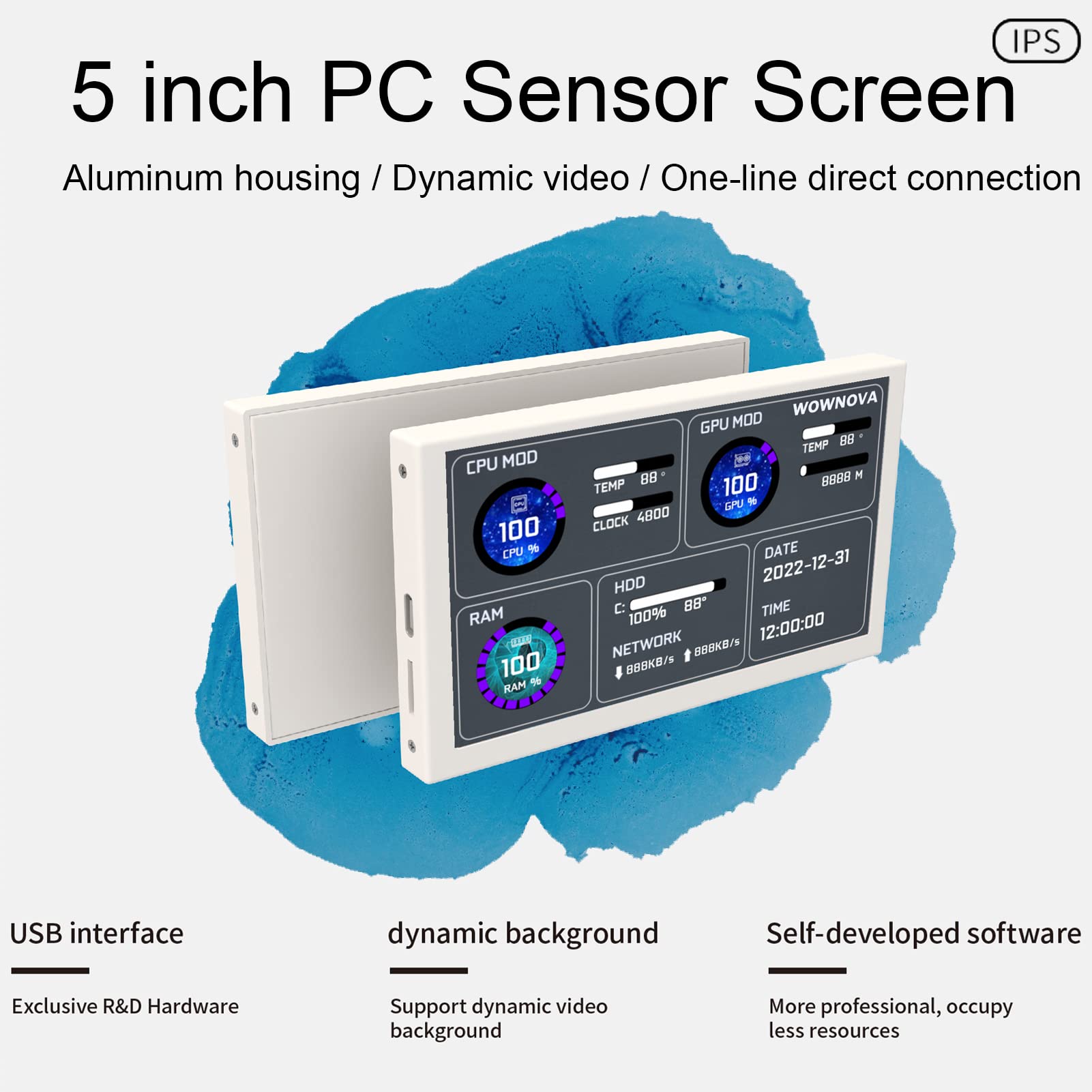 Wownova 5'' Computer Temp Monitor (Dynamic Theme Supported), Pc Temperature Display, Pc Sensor Panel For Pc Argb Computer Case,