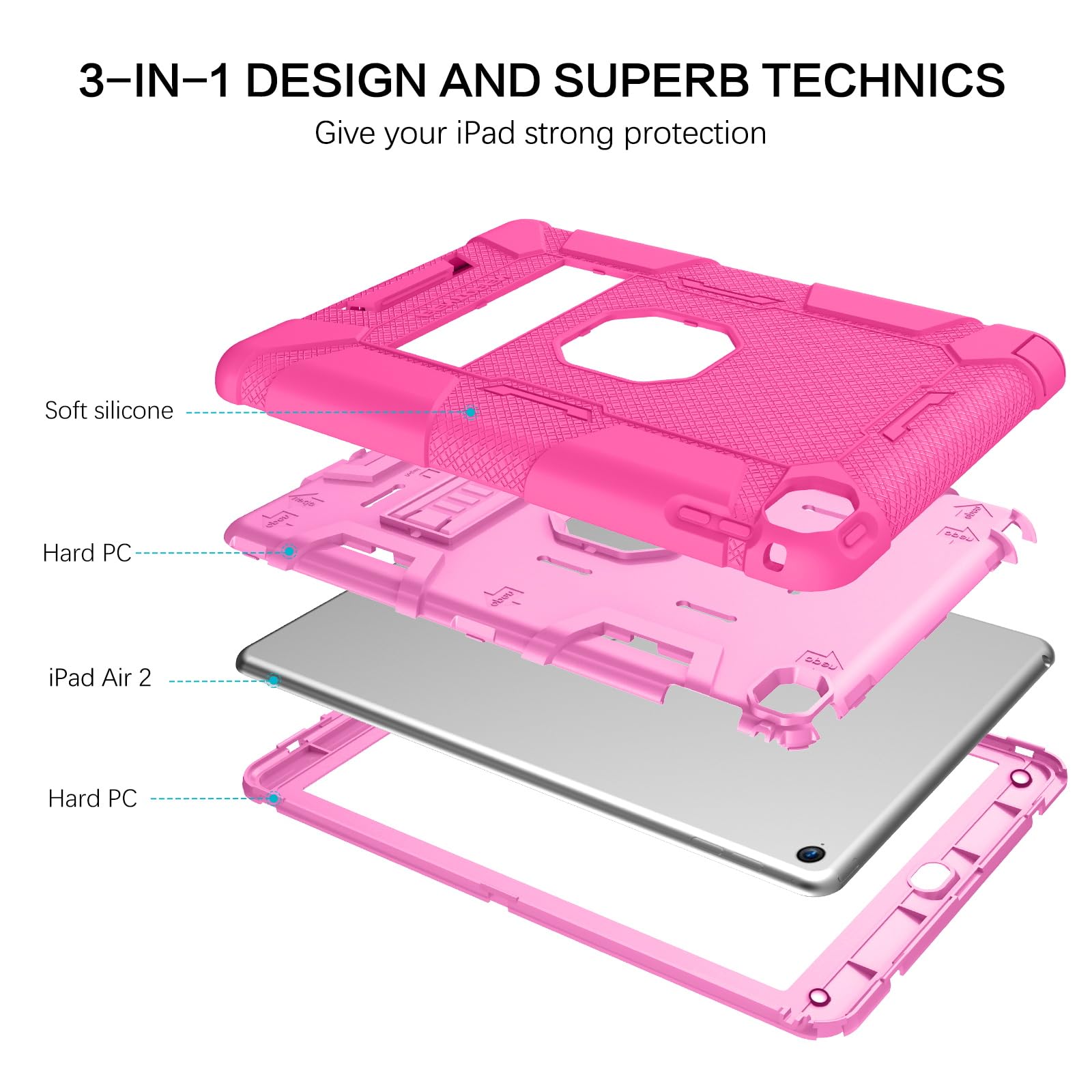 Bentoben Ipad Air 2 Case, Hybrid Shockproof With Kickstand, Hot Pink
