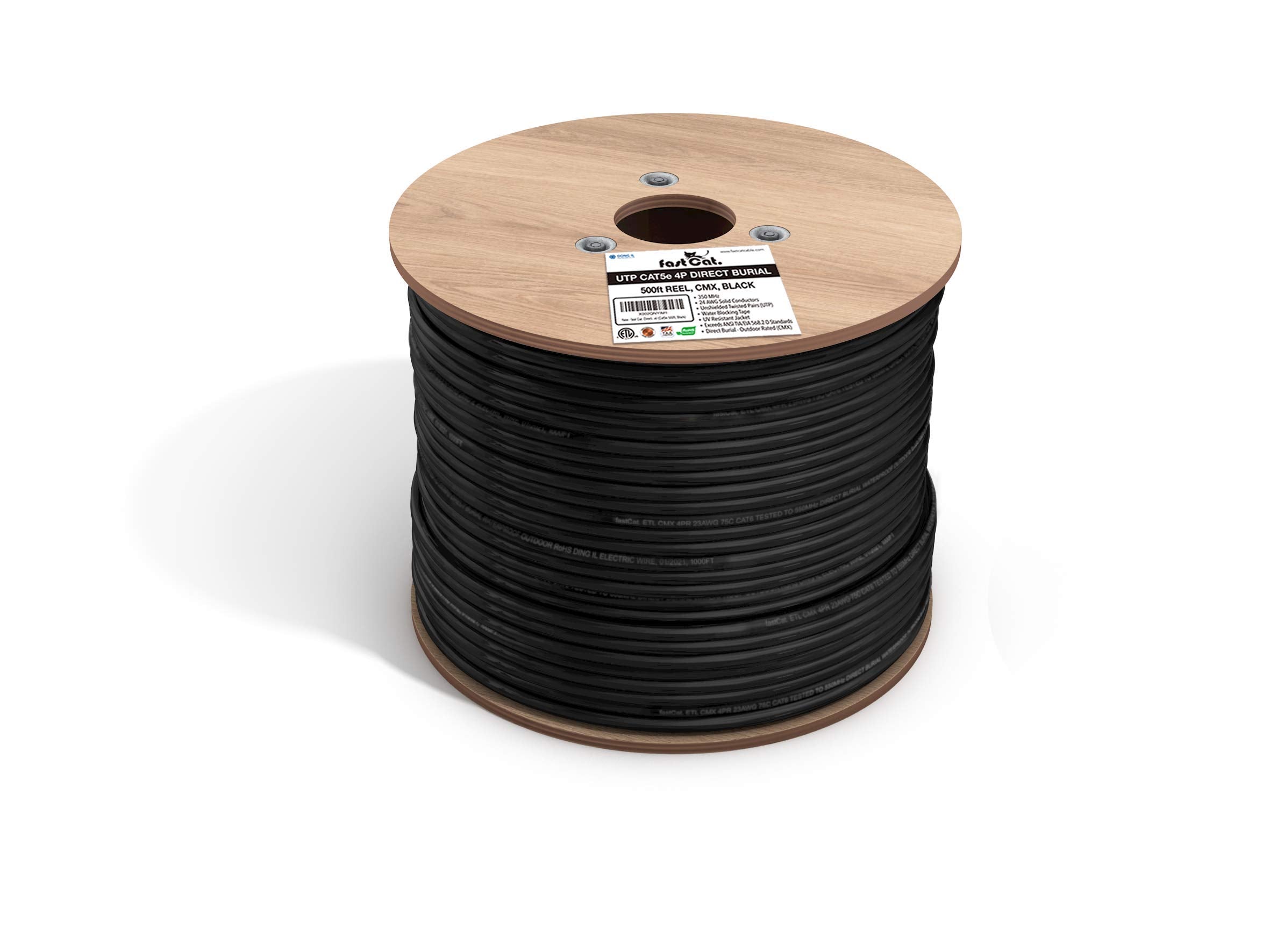 Fast Cat. Cat5E Outdoor 500Ft, Waterproof Direct Burial Rated Cmx, 24Awg Solid Bare Copper, 350Mhz, Poe++ (4Ppoe), Ul Listed, Unshielded Utp, Direct Burial Cat5E Bulk Ethernet Cable   Black