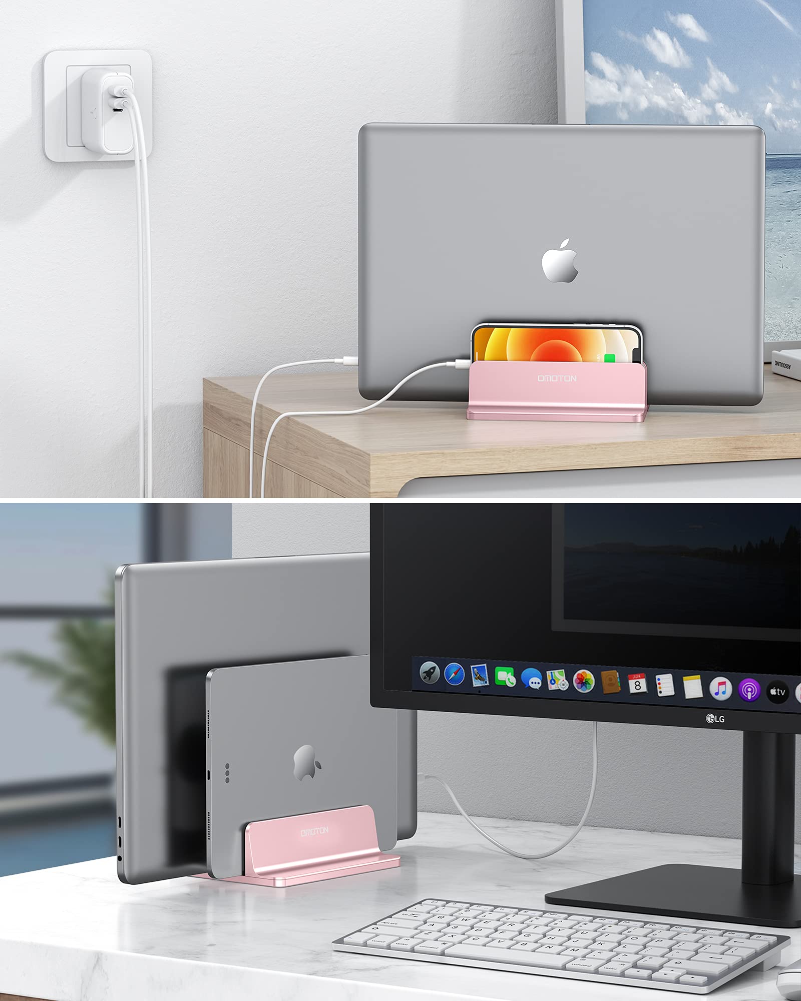Omoton [Updated Dock Version Vertical Laptop Stand, Double Desktop Stand Holder With Adjustable Dock (Up To 17.3 Inch), Fits All Macbook/Surface/Samsung/Hp/Dell/Chrome Book (Rose Gold)