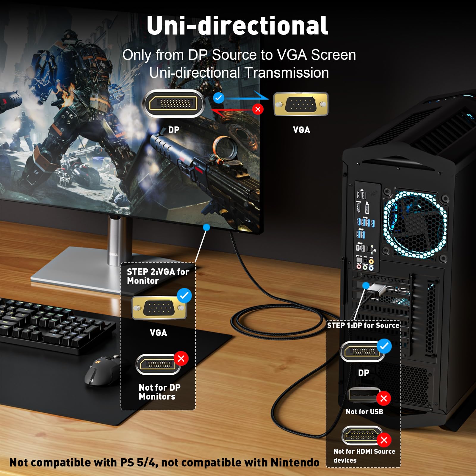 Uantin Displayport To Vga Cable Adapter 6Ft |Aluminum Shell, Nylon Braided| Gold Plated Plugs 1080P Display Port Dp Source To Vg