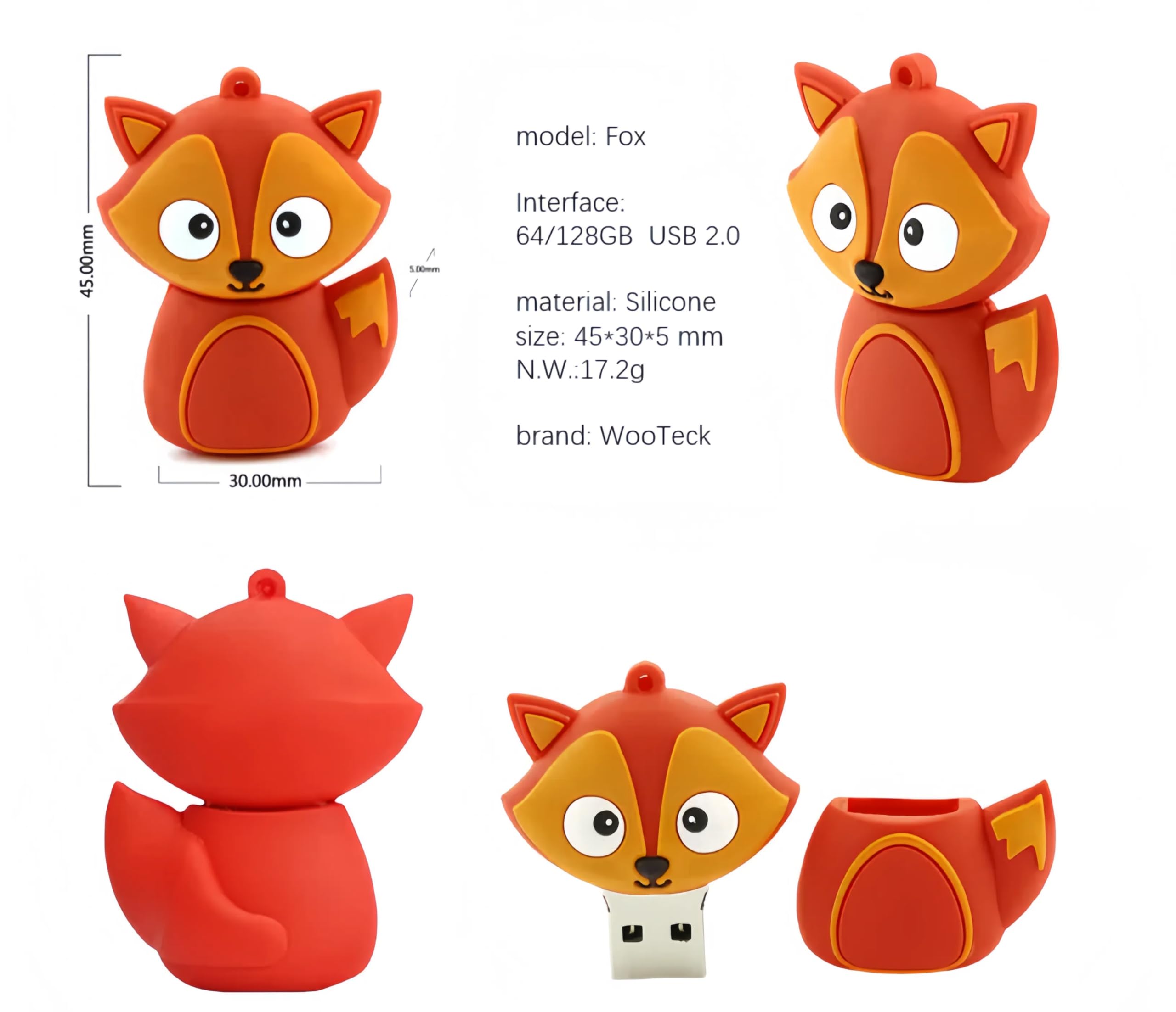 Wooteck 128Gb Novelty Red Fox Usb Flash Drive Cartoon Cute Pendrive Animal Memory Stick