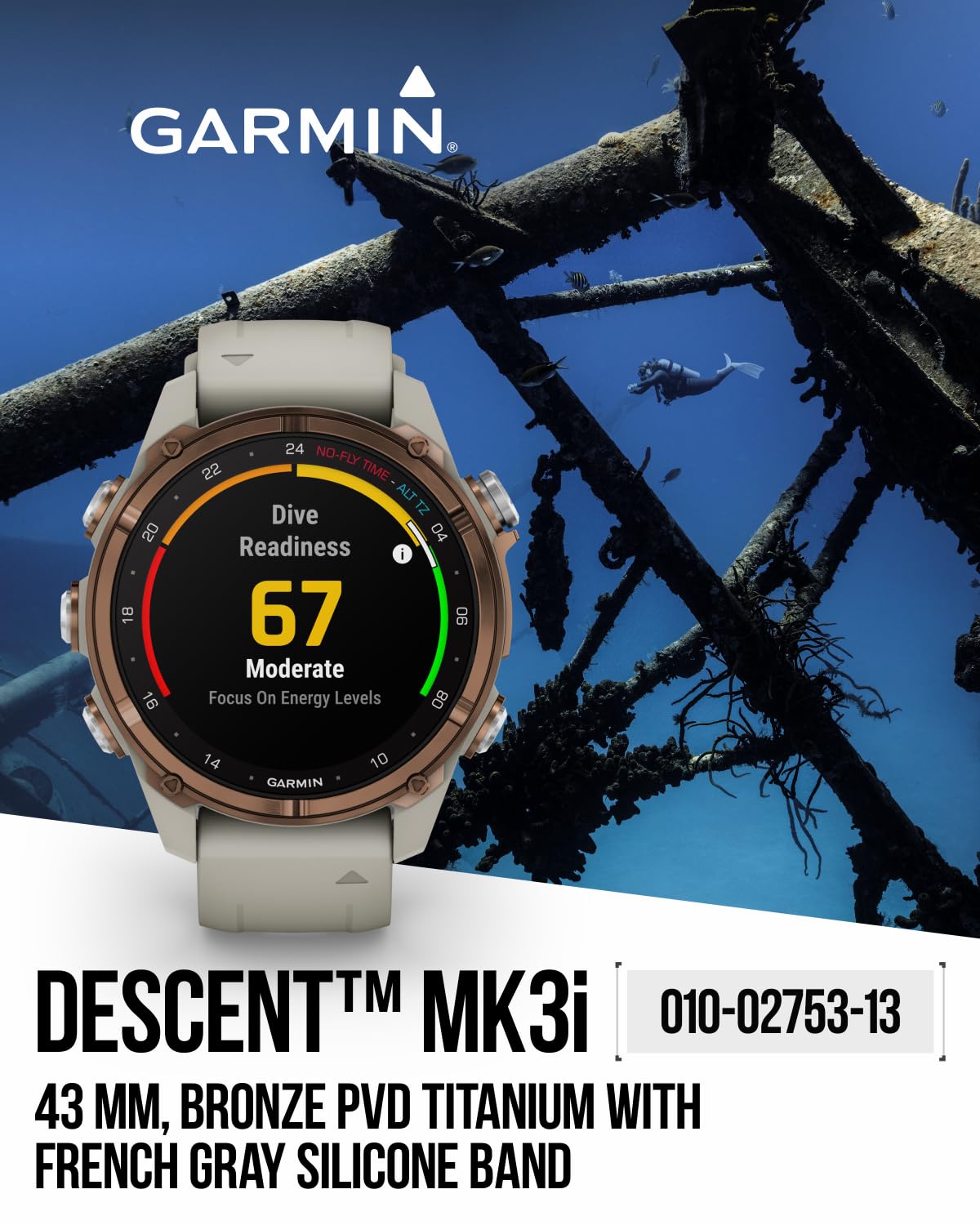 Wearable4U Garmin Descent Mk3 & Mk3I 51 Mm & 43 Mm W/T2 Transceiver: Titanium Dive Computer +Extra-Long Strap | Up To 25 Days Ba