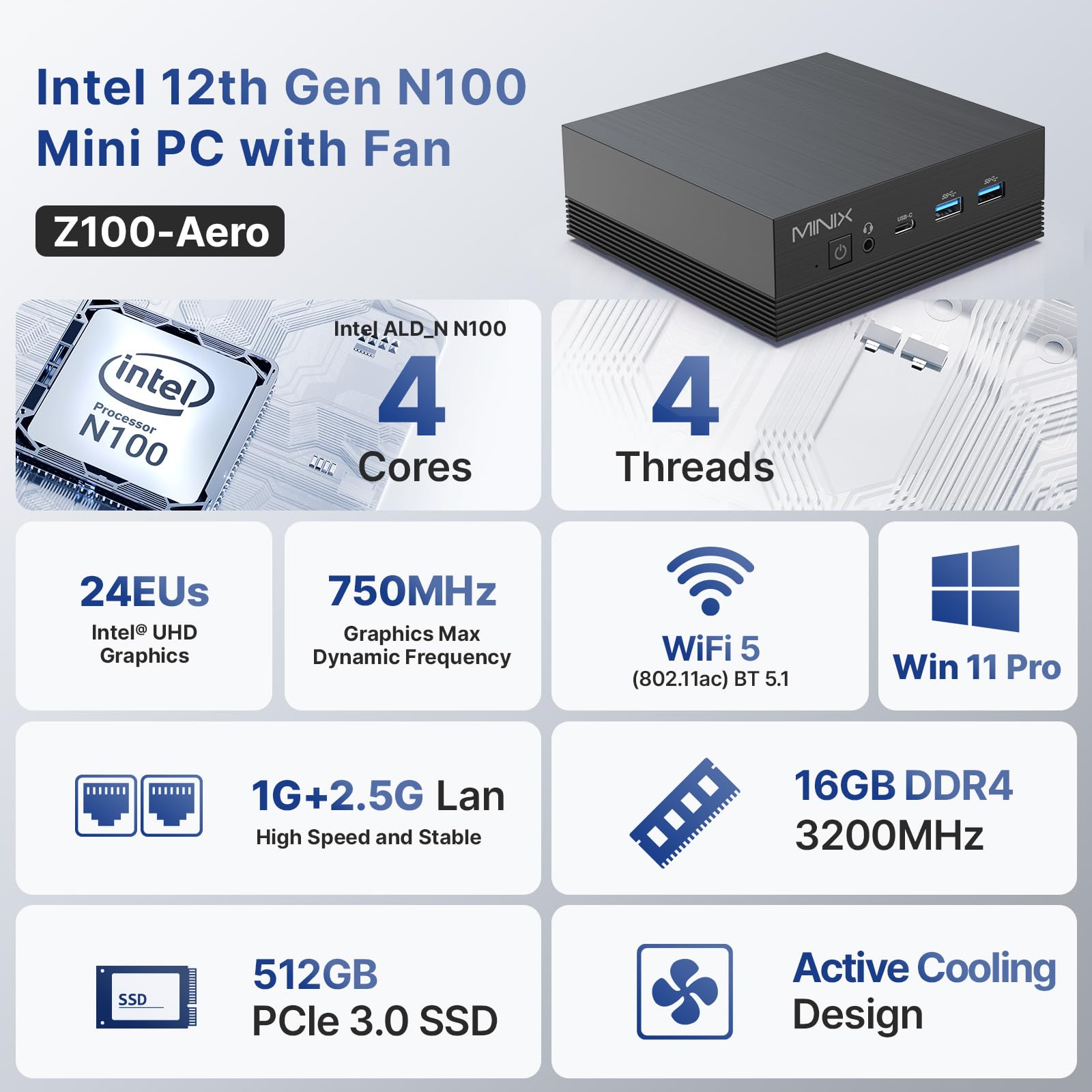 Minix Z100 Aero Mini Pc, Intel 12Th Gen N100, 16Gb Ddr4, 512Gb Pcie 3.0 X1 Nvme Ssd Windows 11 Pro Mini Pc, 4K Triple Display/1G