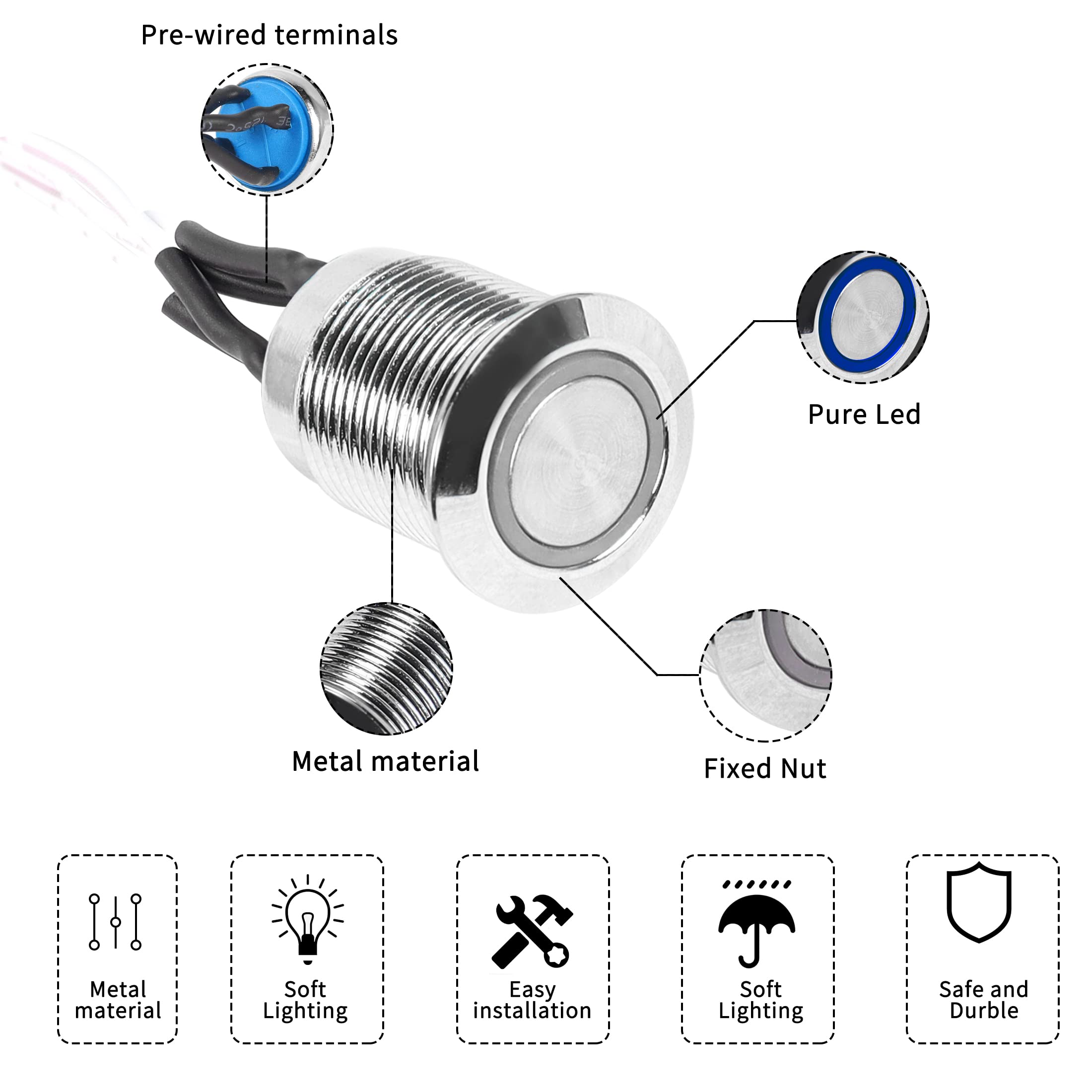 Yacsejao 16Mm Chassis Switch Host Metal Button Desktop Computer Host Switch Cable Metal Led Power Button Atx Supply On/Off For D