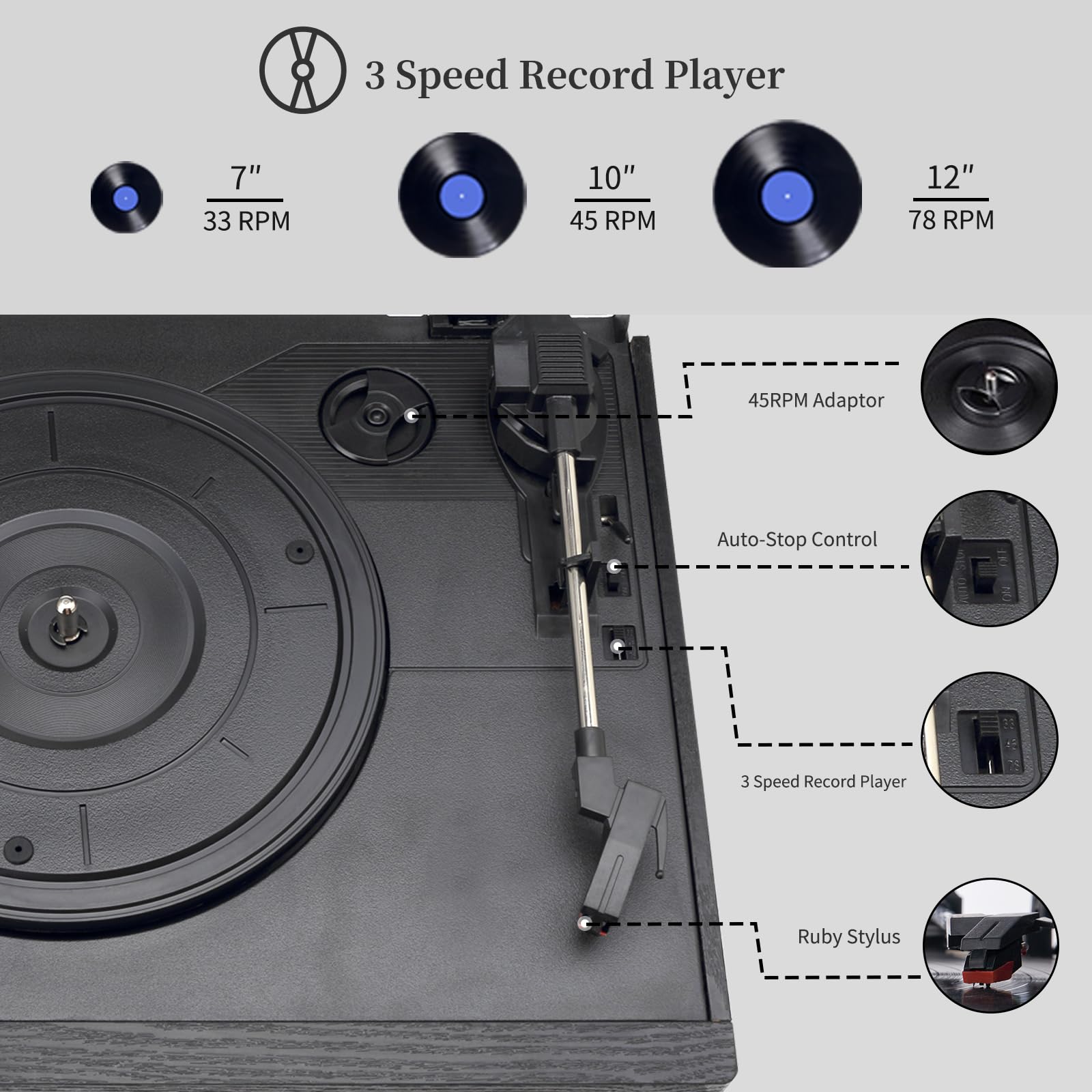 Musitrend 9 In 1 Record Player With External Speakers,3 Speed Bluetooth Turntable Vinyl Player With Cd/Cassette Play,Am/Fm Radio