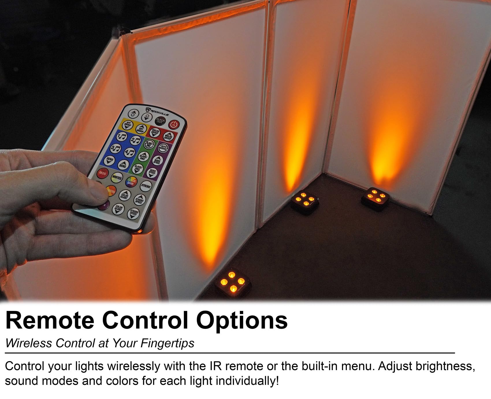 Rockville 4 Pack Mini Ir4 Black, Led Wash Lights, Rgbwa+Uv, Compact, App Control, Lcd, Wireless Dmx, Rechargeable, Perfect For D