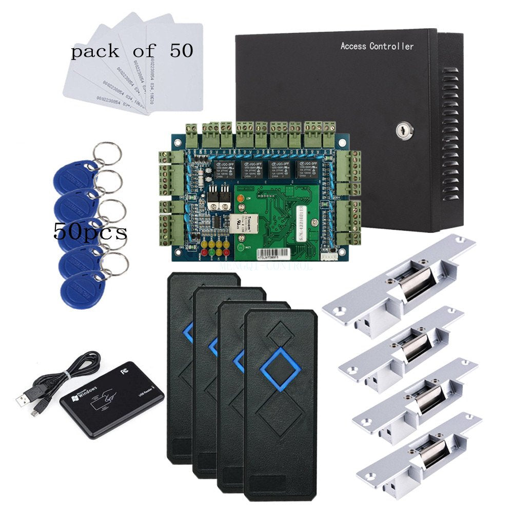 Tcp/Ip 4 Door Entry Access Control Panel Kit Electric Strike Fail Secure No Mode Lock Enroll Rfid Usb Reader 110 240V Power Supp