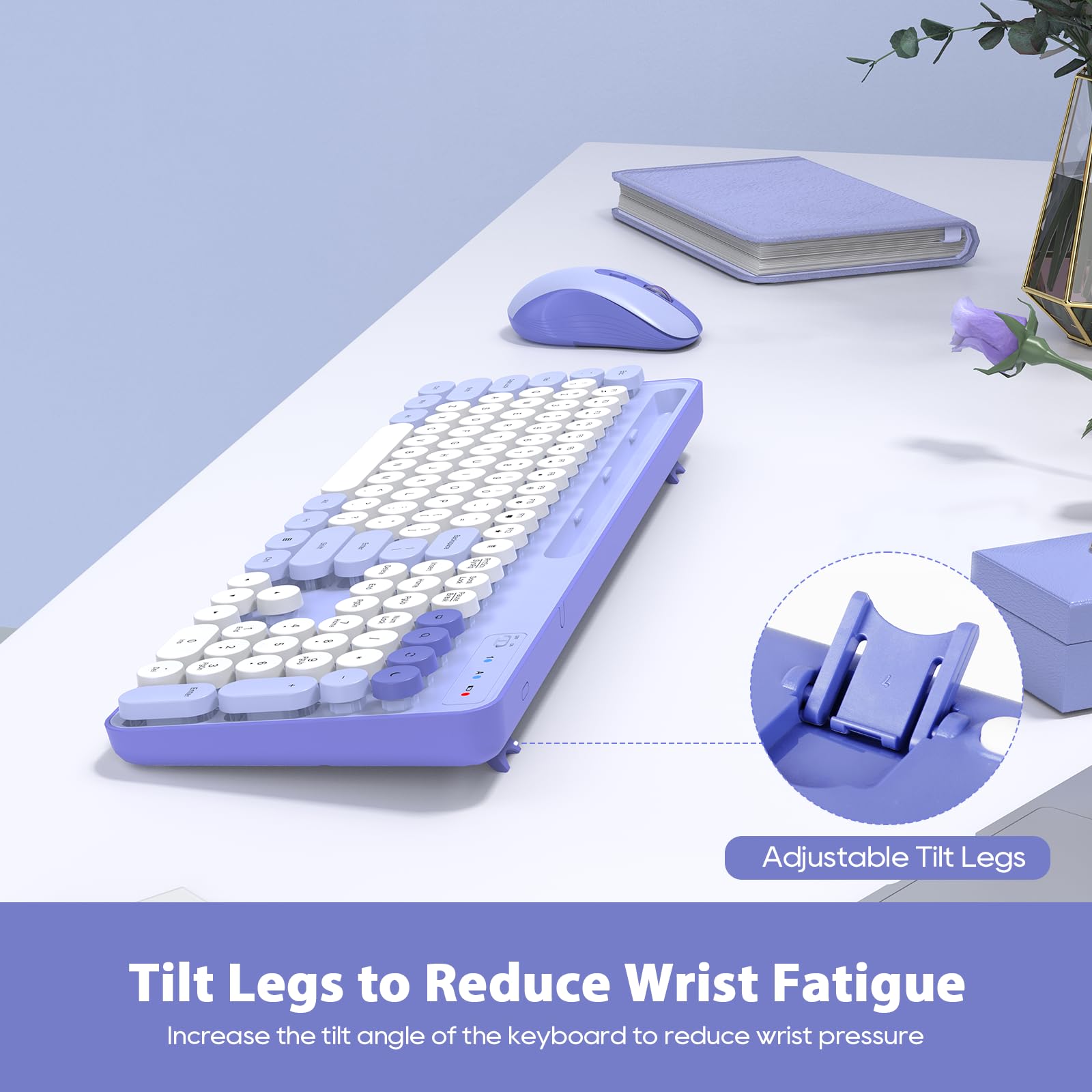 Wireless Keyboard And Mouse Combo, Retro Round Keycaps, Cute Full Size Typewriter Keyboard With Phone Holder, Sleep Mode, Click