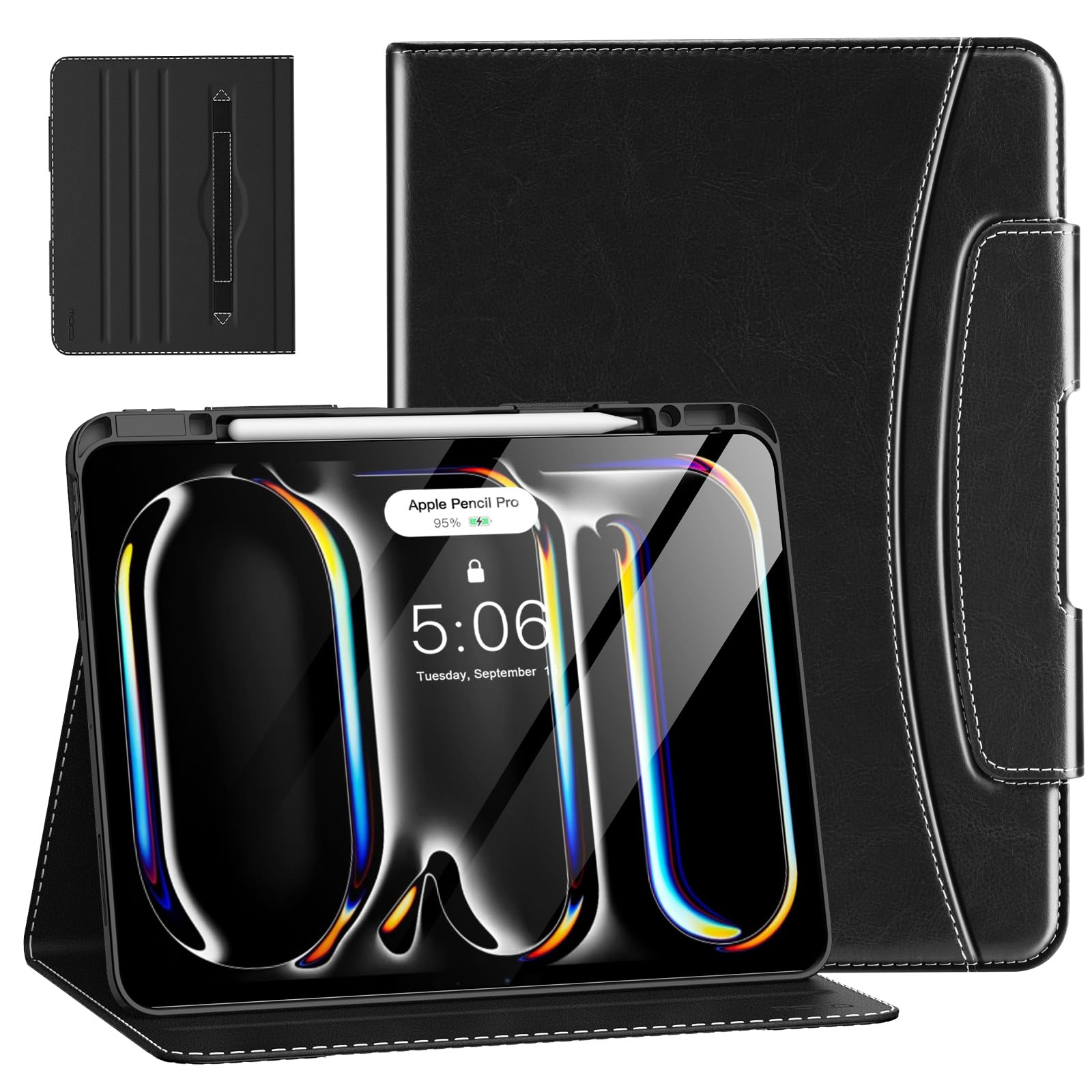 MoKo for iPad Pro 13 Inch Case 2024 (M4) with Pencil Holder & Pocket, Built in Hand Strap, Multi Angle Viewing, Premium PU Leather Folio Cover for iPad Pro 13 2024, Black